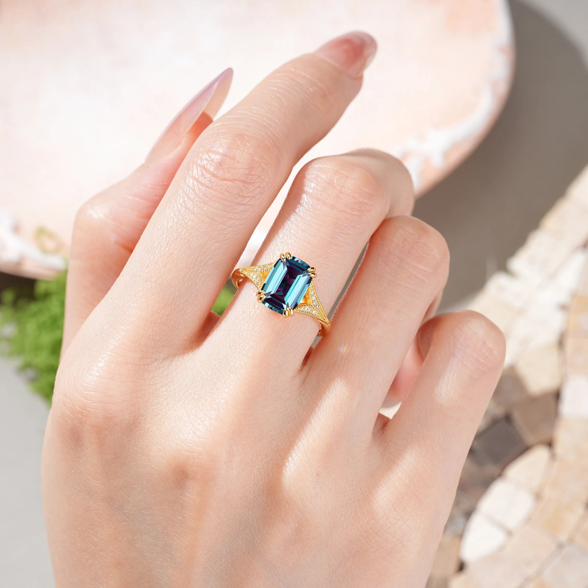 Emerald Cut Alexandrite Milgrain Split Shank Engagement Ring