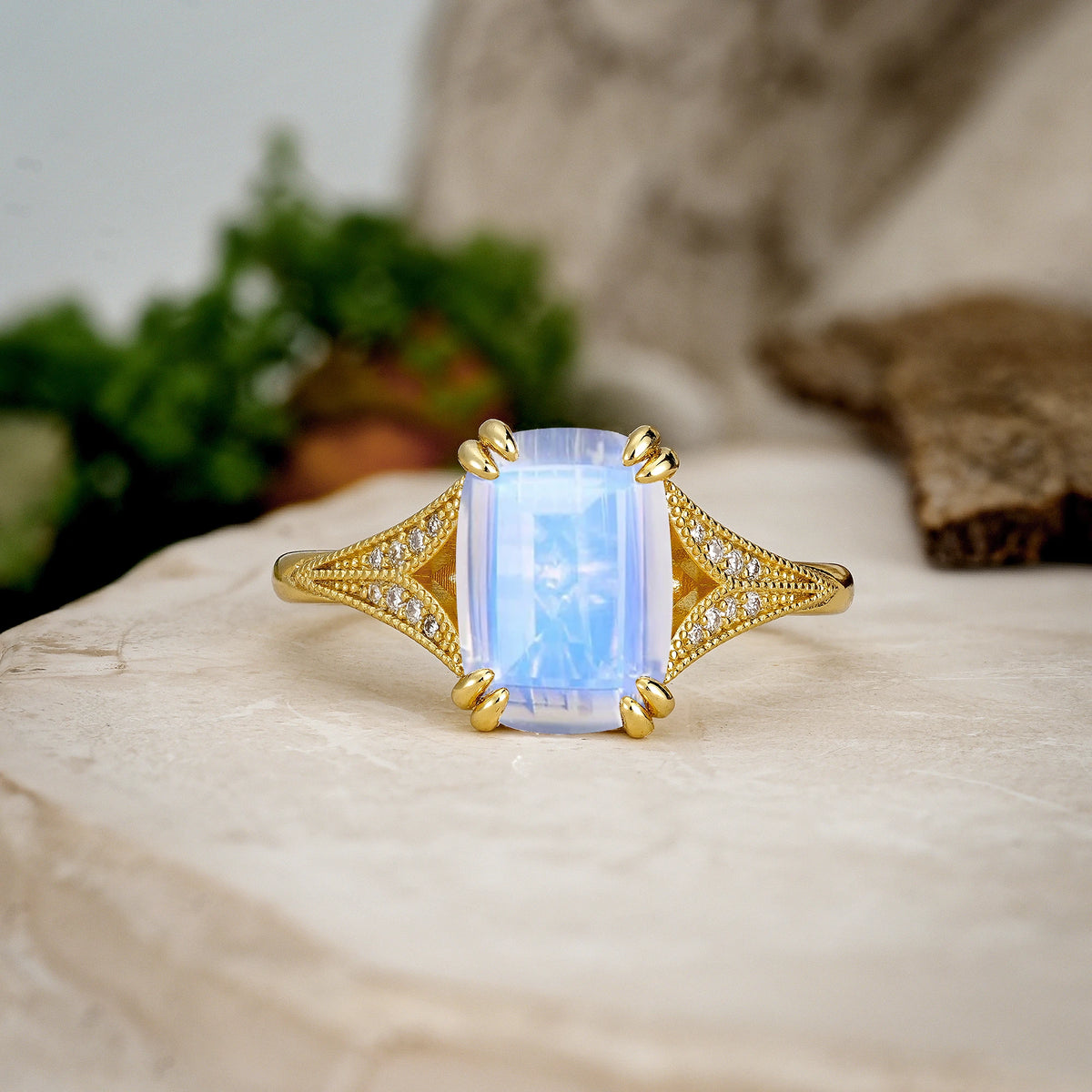 Emerald Cut Moonstone Milgrain Split Shank Engagement Ring
