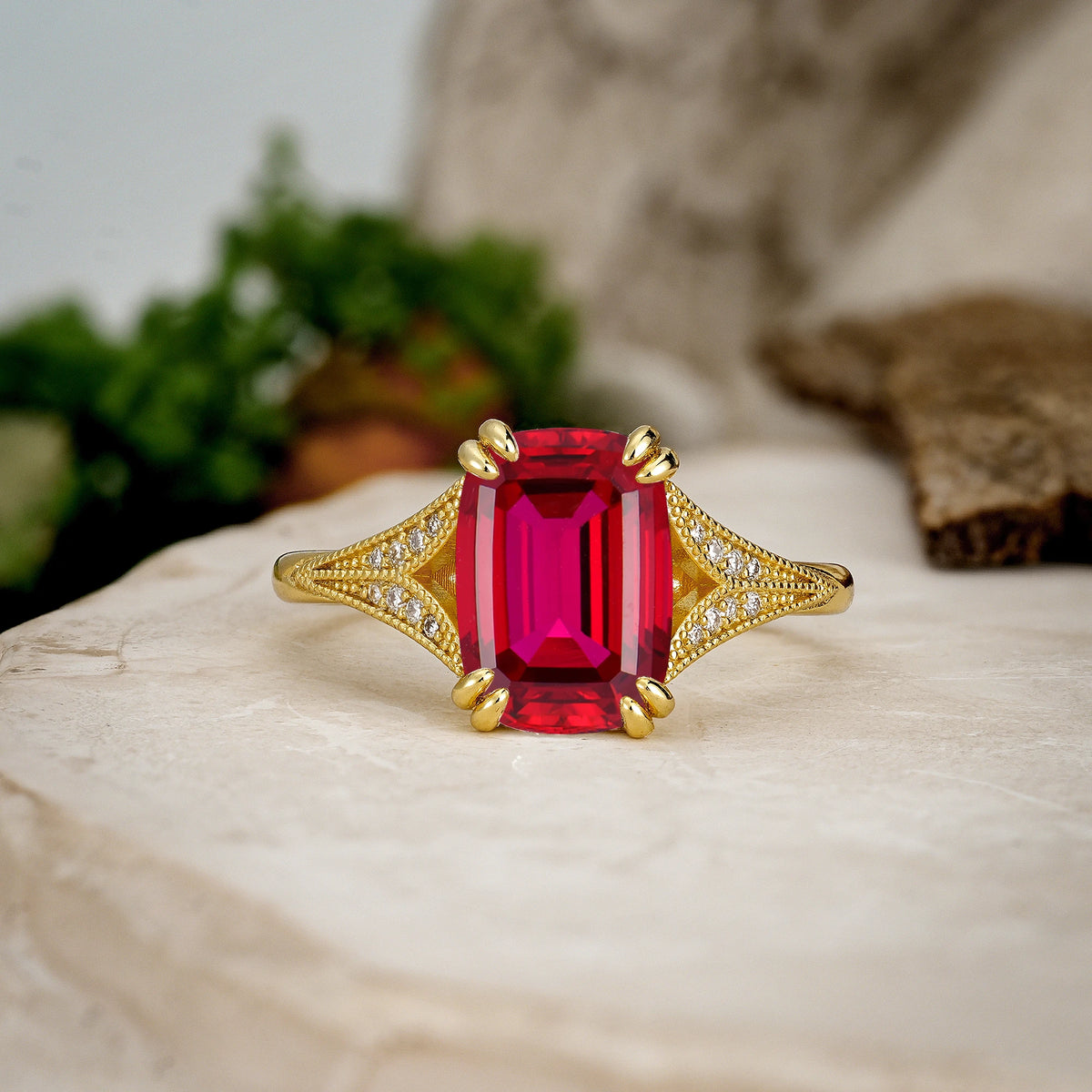 Emerald Cut Ruby Milgrain Split Shank Engagement Ring