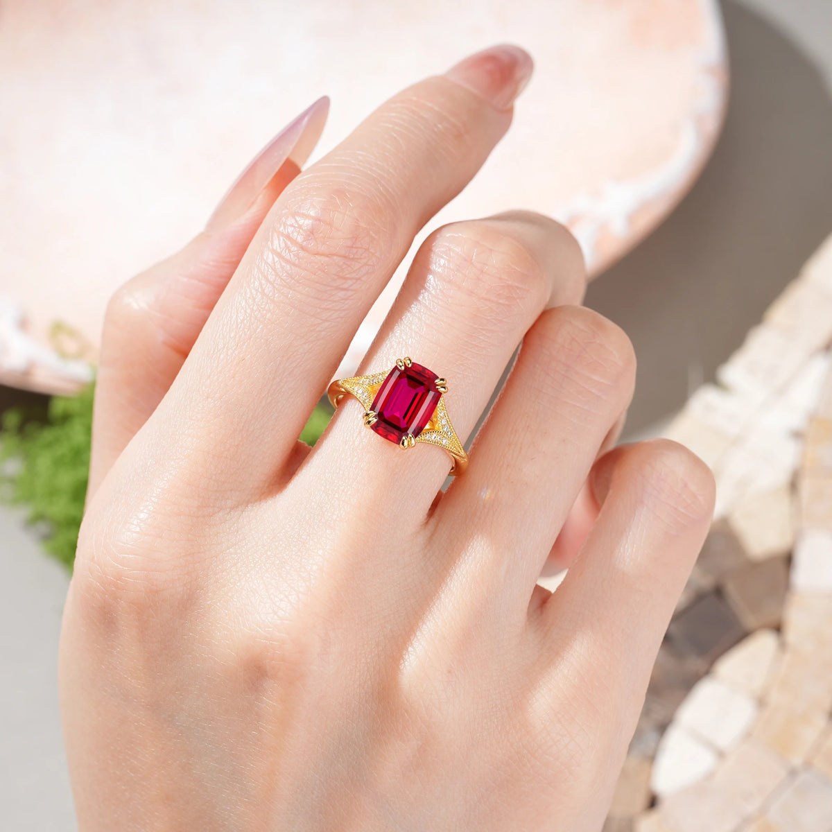 Emerald Cut Ruby Milgrain Split Shank Engagement Ring