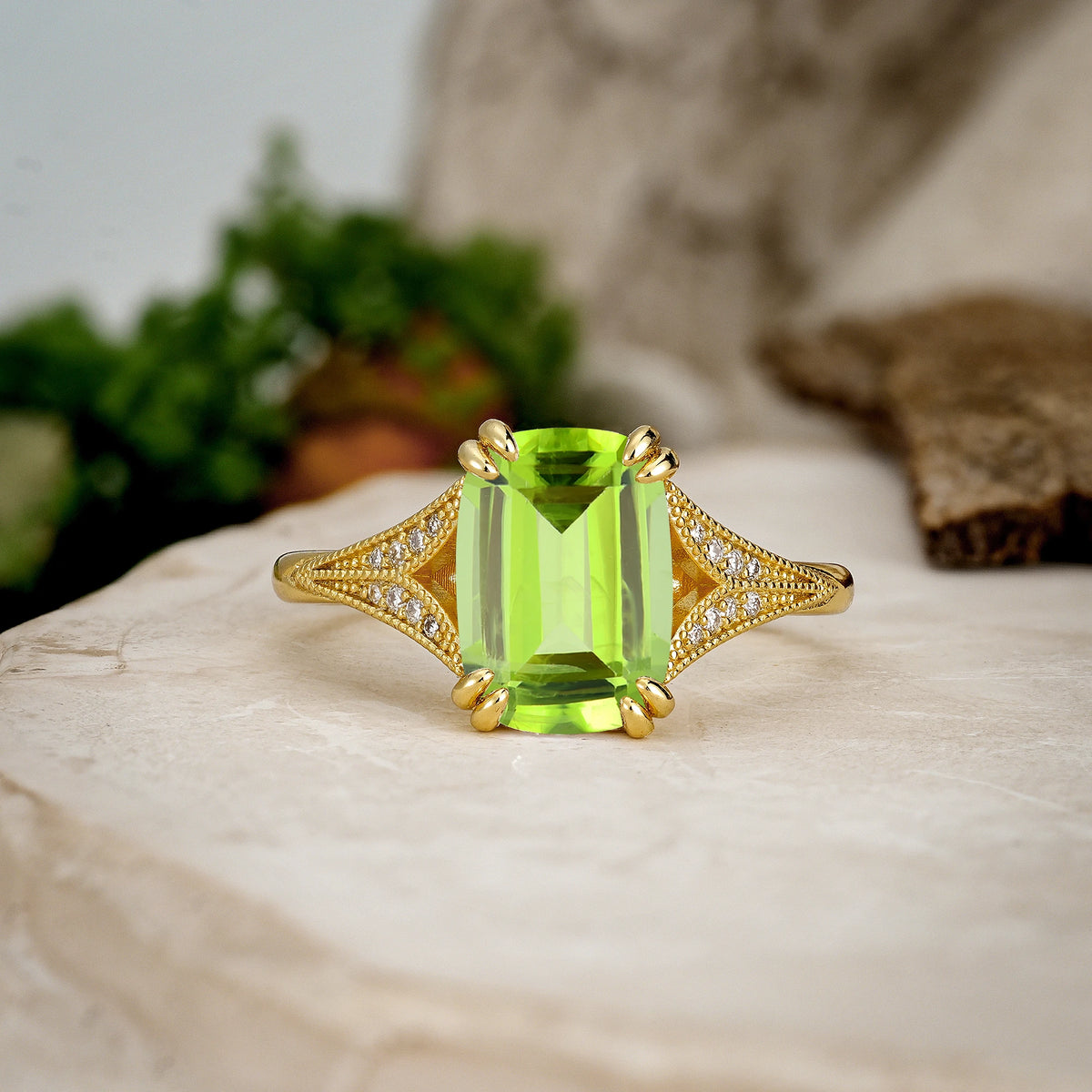 Emerald Cut Peridot Milgrain Split Shank Engagement Ring