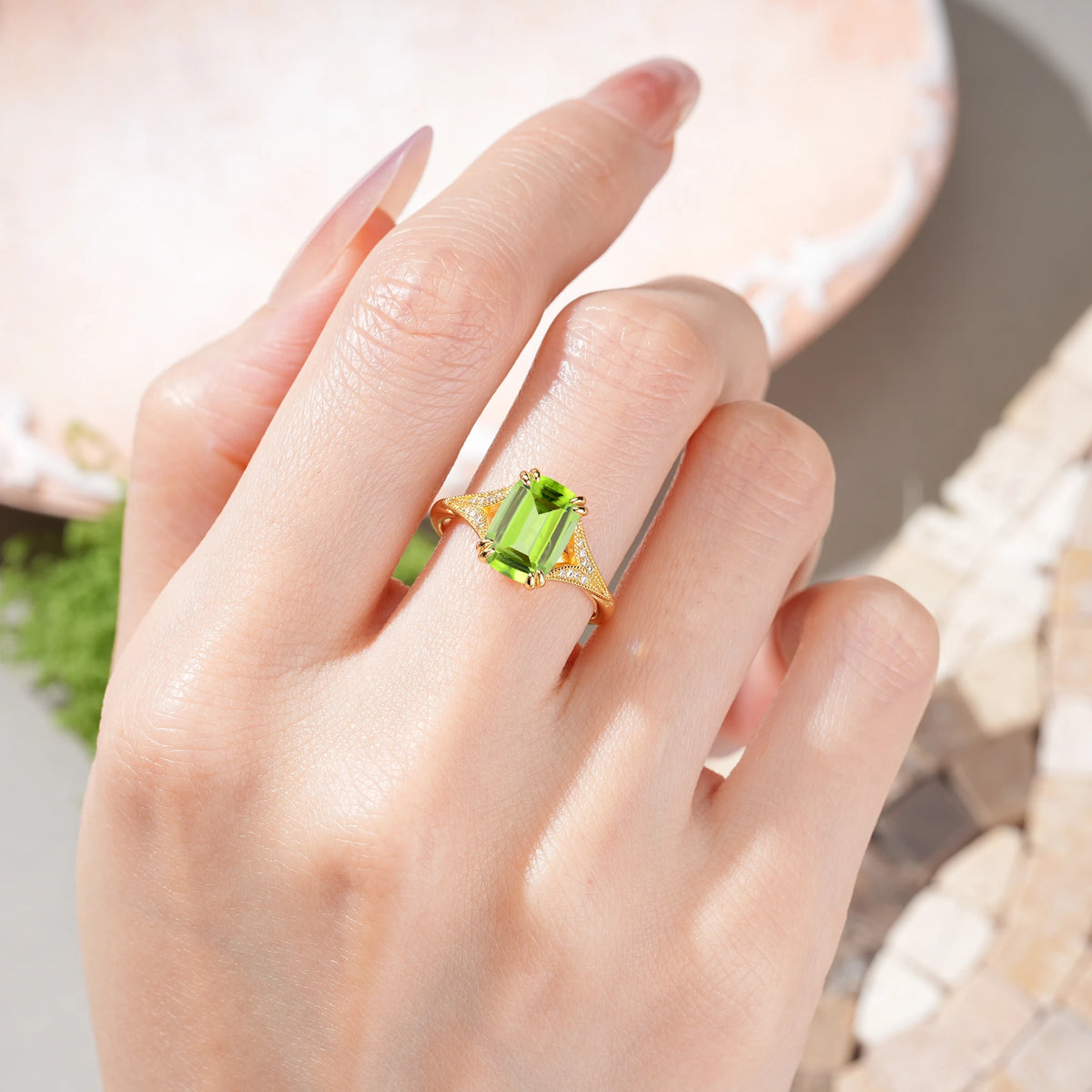 Emerald Cut Peridot Milgrain Split Shank Engagement Ring