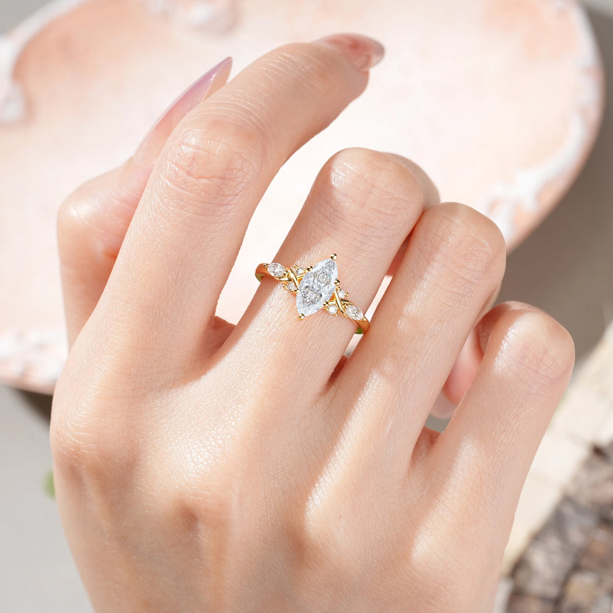 Marquise Cut Moissanite Twisted Bypass Engagement Ring with Pear Side Stones