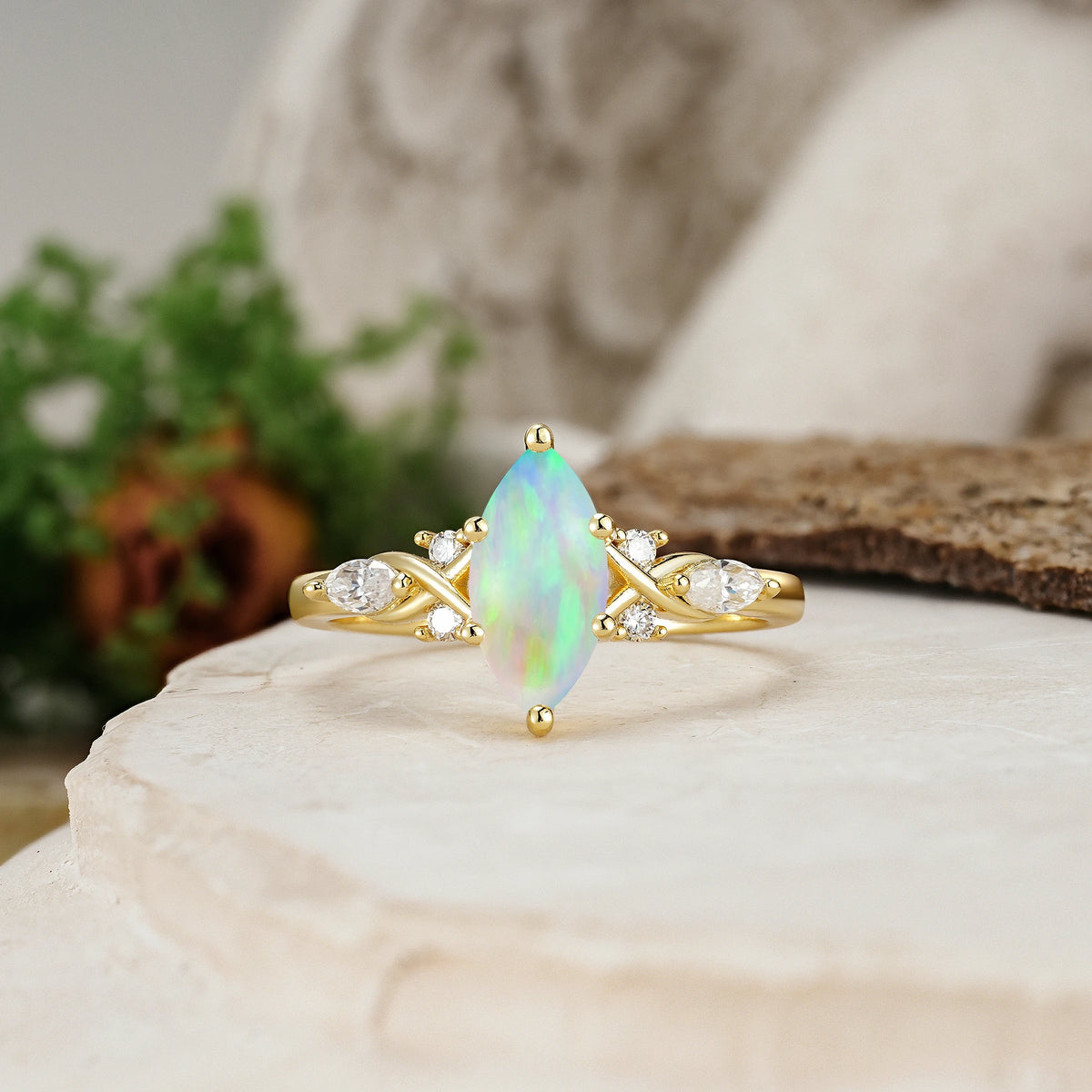 Marquise Cut Fire Opal Twisted Bypass Engagement Ring with Pear Side Stones