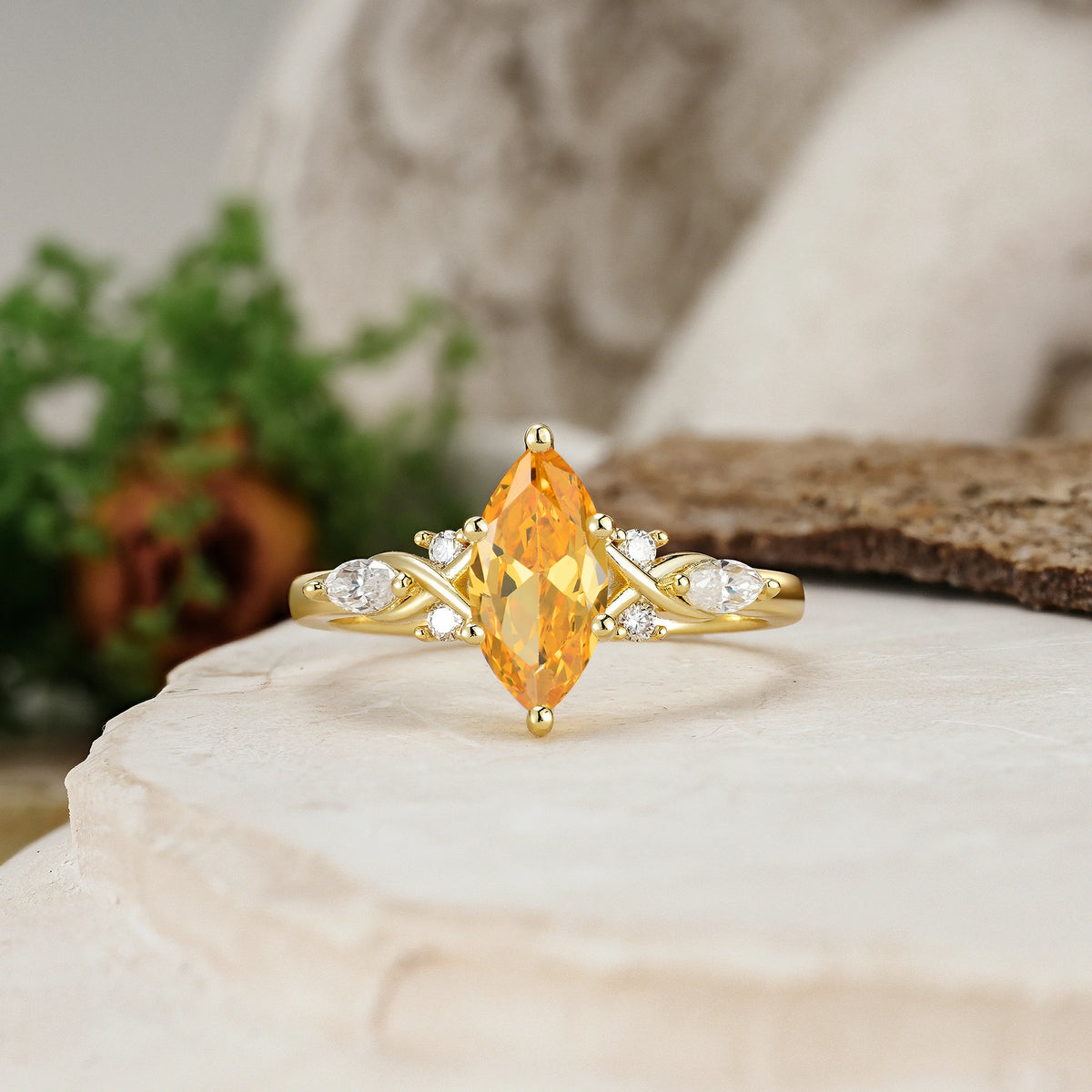 Marquise Cut Citrine Twisted Bypass Engagement Ring with Pear Side Stones