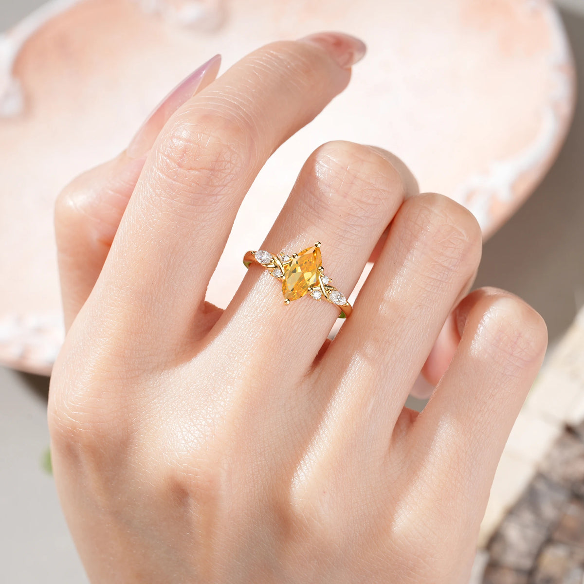 Marquise Cut Citrine Twisted Bypass Engagement Ring with Pear Side Stones
