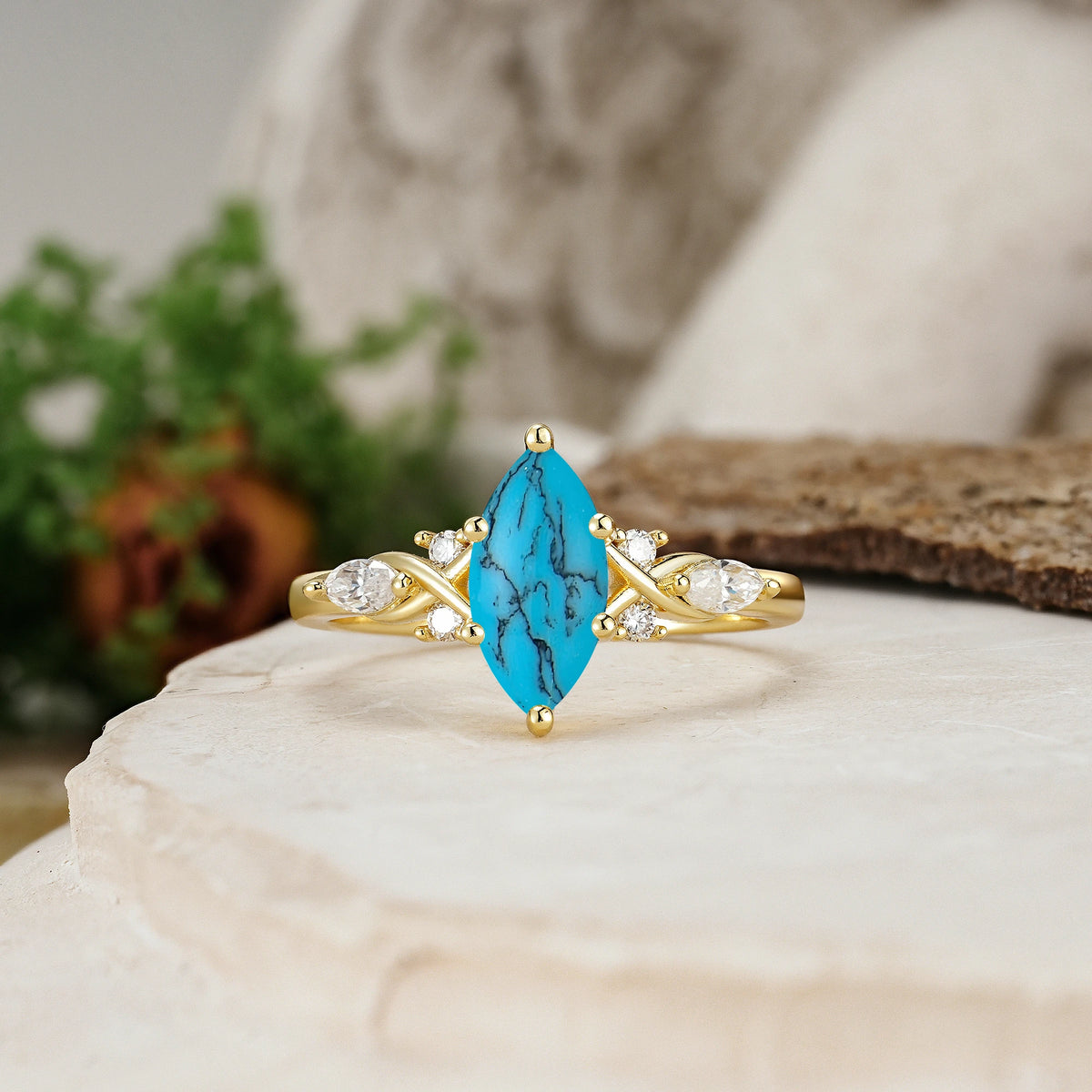 Marquise Cut Turquoise Twisted Bypass Engagement Ring with Pear Side Stones