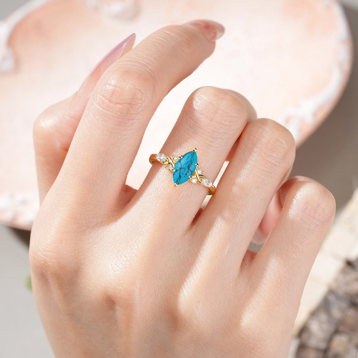 Marquise Cut Turquoise Twisted Bypass Engagement Ring with Pear Side Stones
