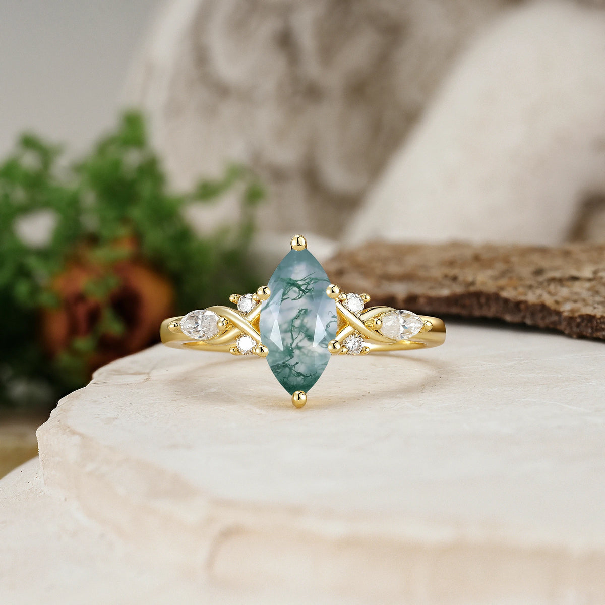 Marquise Cut Moss Agate Twisted Bypass Engagement Ring with Pear Side Stones