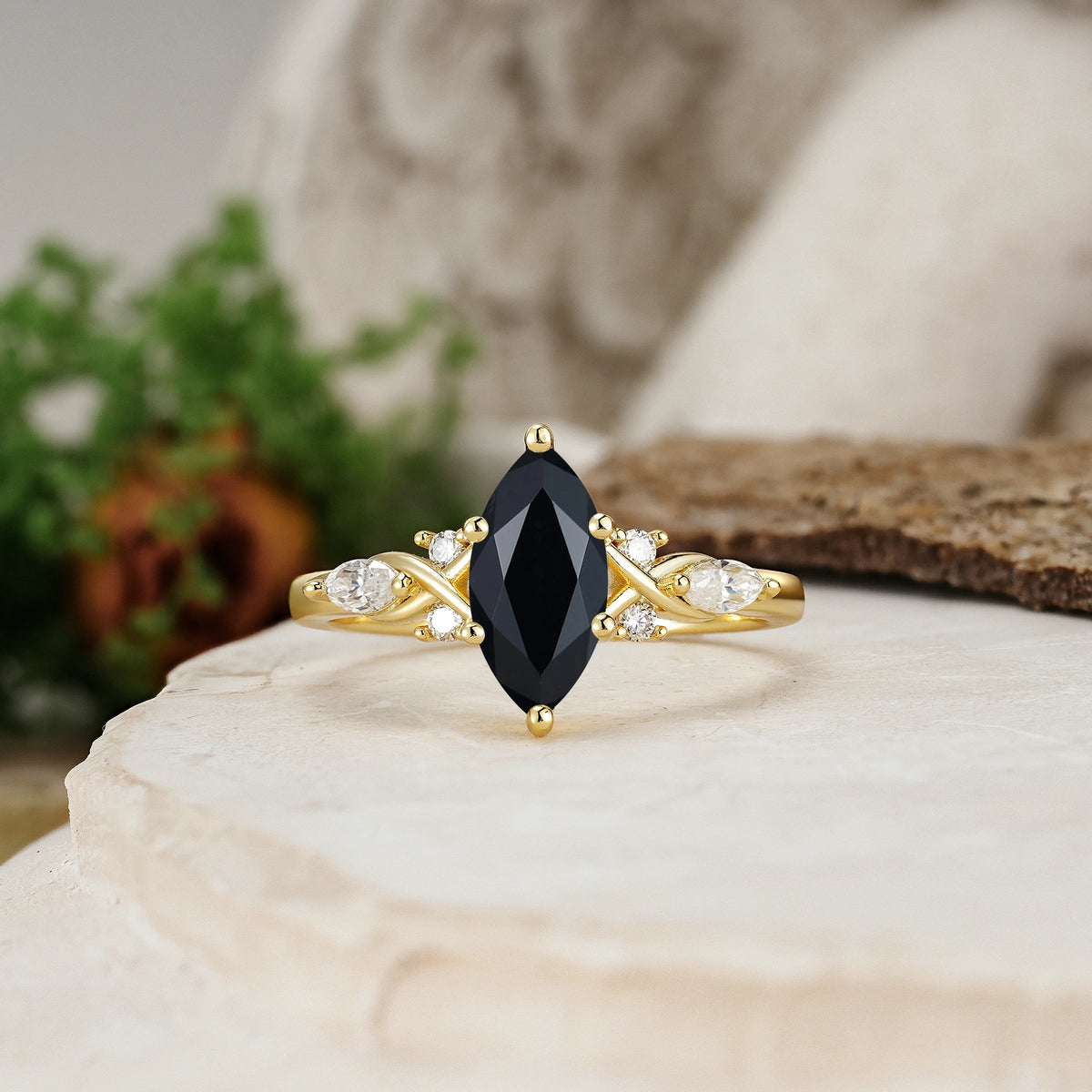 Marquise Cut Black Onyx Twisted Bypass Engagement Ring with Pear Side Stones