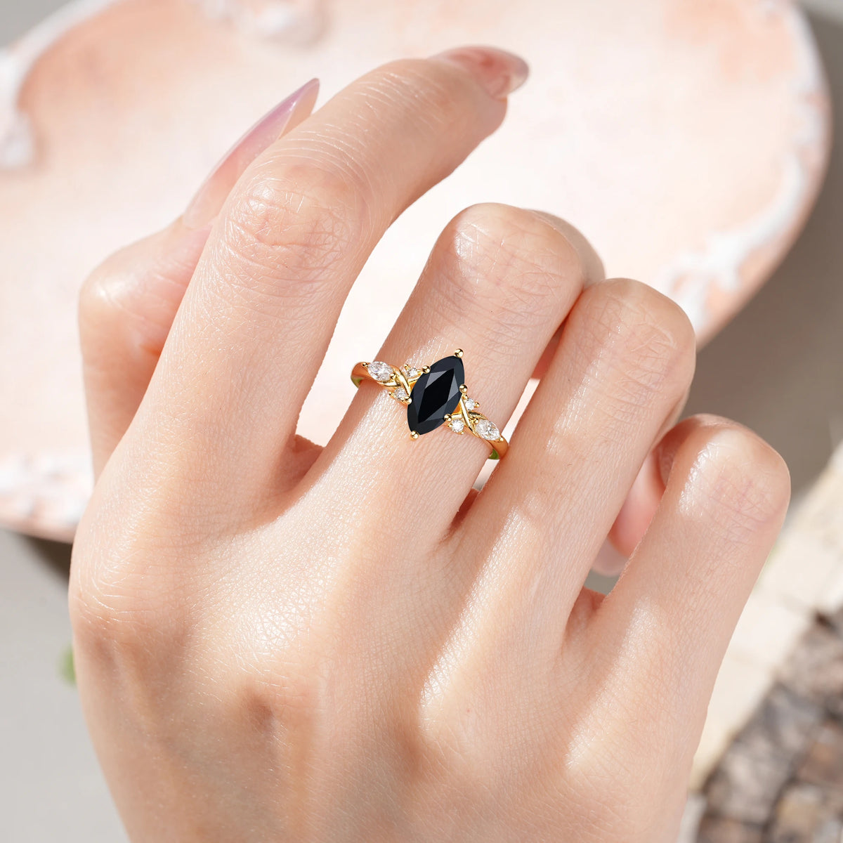 Marquise Cut Black Onyx Twisted Bypass Engagement Ring with Pear Side Stones
