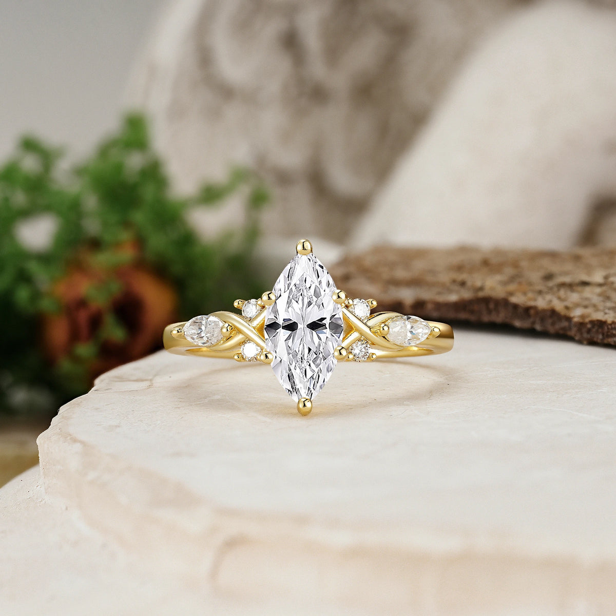 Marquise Cut Lab Diamond Twisted Bypass Engagement Ring with Pear Side Stones