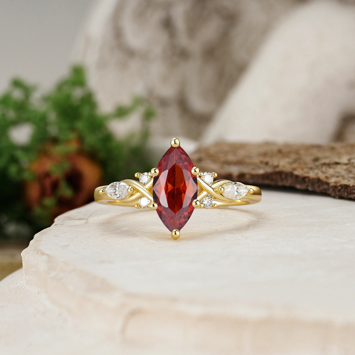 Marquise Cut Garnet Twisted Bypass Engagement Ring with Pear Side Stones