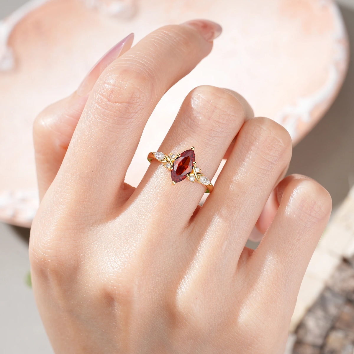 Marquise Cut Garnet Twisted Bypass Engagement Ring with Pear Side Stones