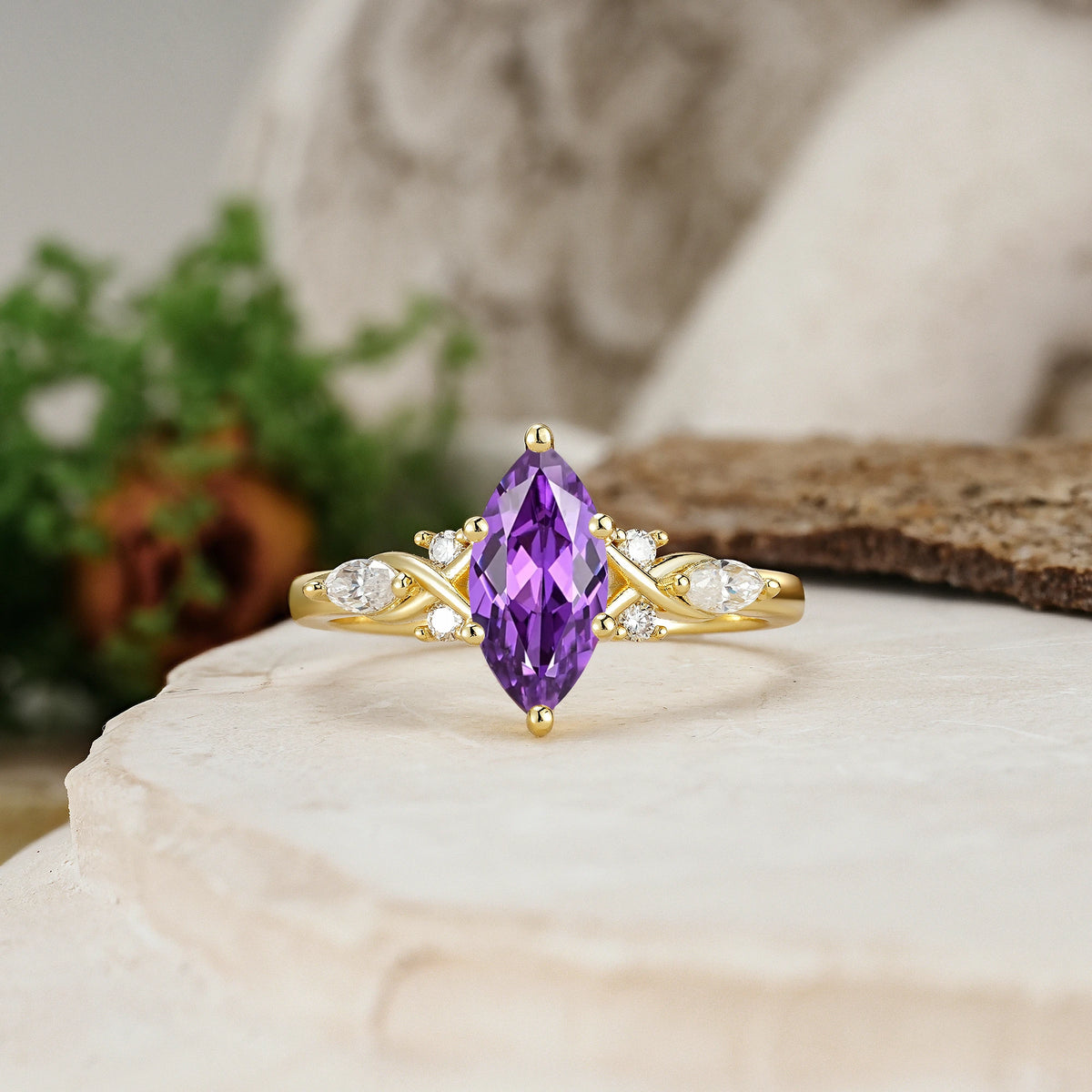 Marquise Cut Amethyst Twisted Bypass Engagement Ring with Pear Side Stones