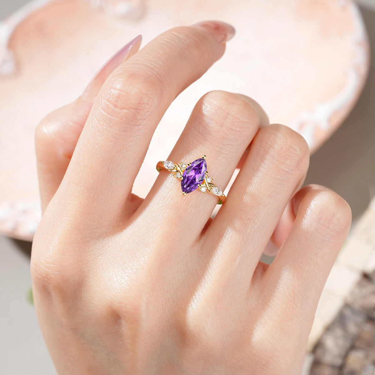 Marquise Cut Amethyst Twisted Bypass Engagement Ring with Pear Side Stones