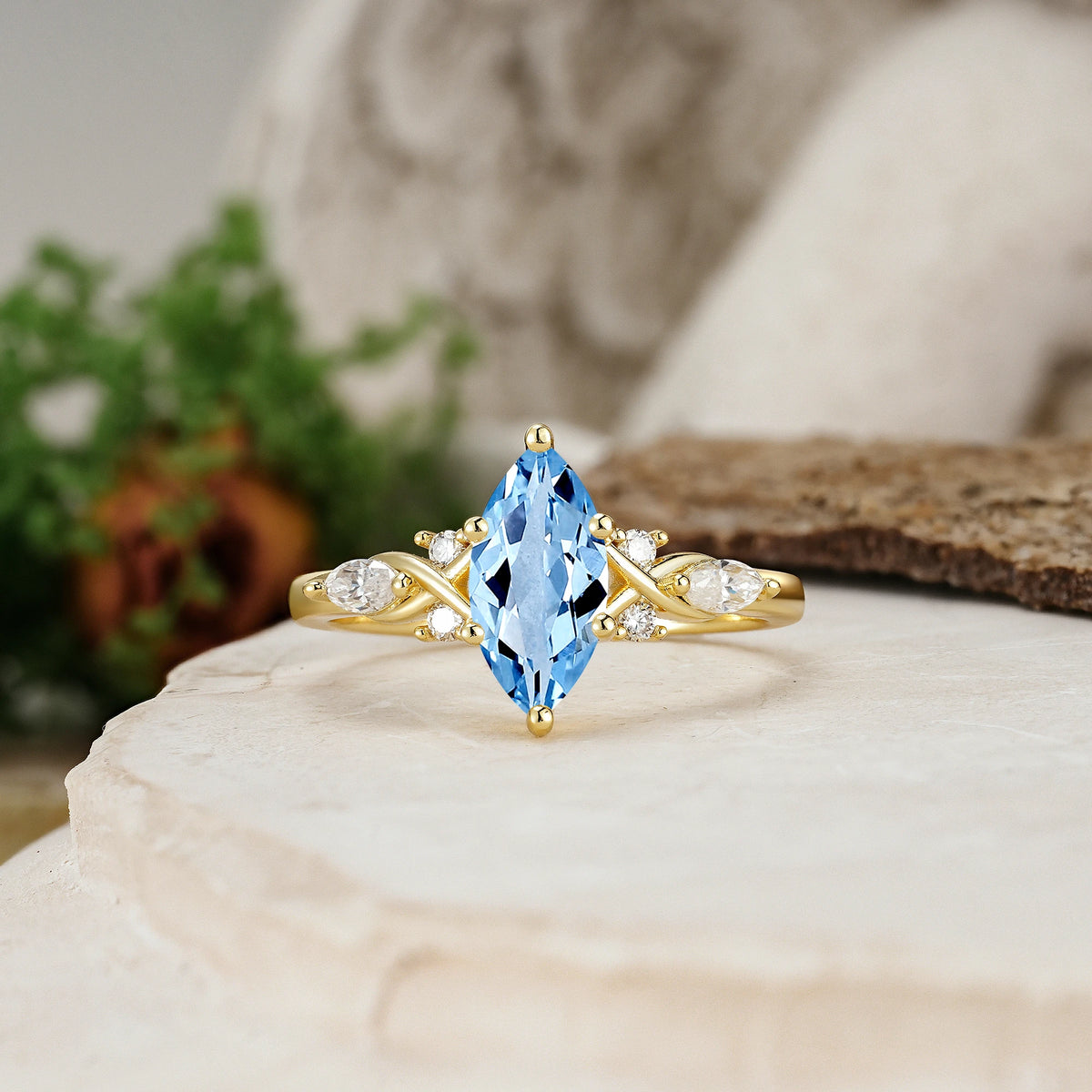 Marquise Cut Aquamarine Twisted Bypass Engagement Ring with Pear Side Stones