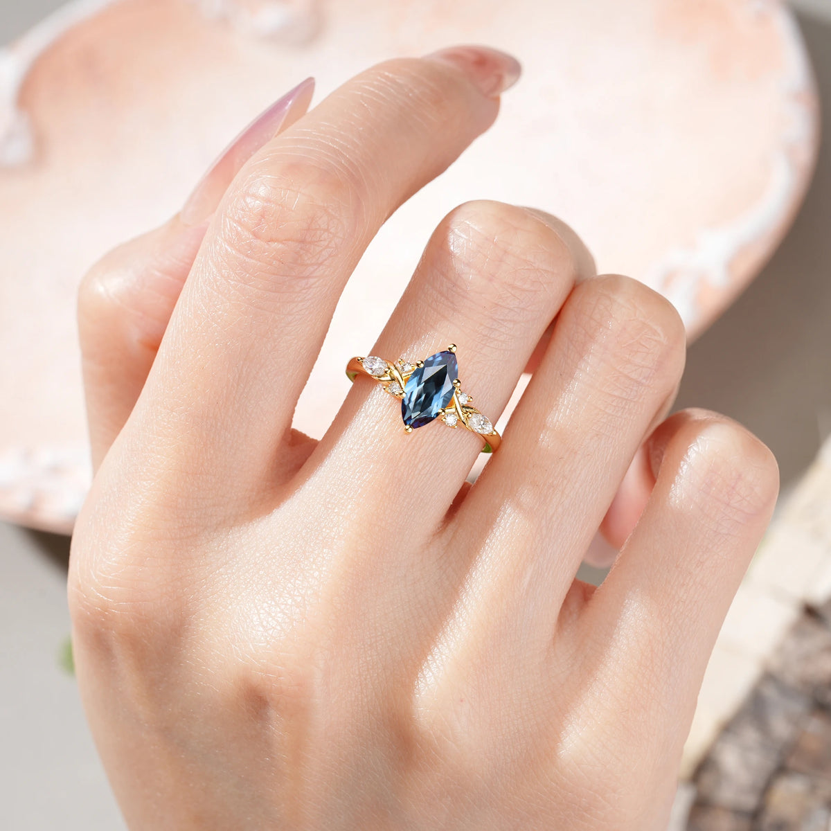 Marquise Cut Alexandrite Twisted Bypass Engagement Ring with Pear Side Stones