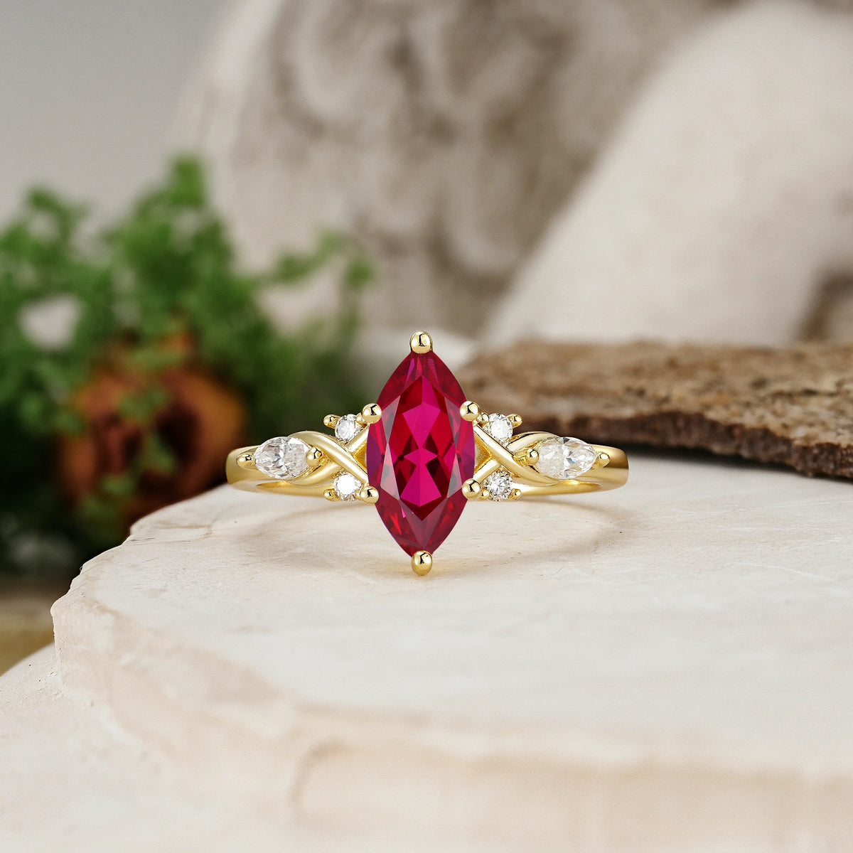 Marquise Cut Ruby Twisted Bypass Engagement Ring with Pear Side Stones