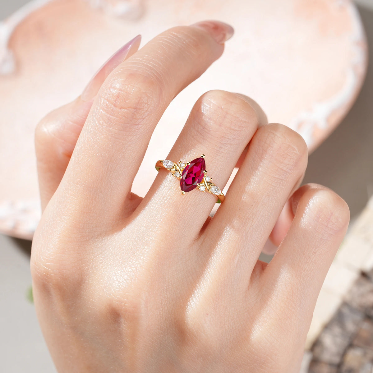 Marquise Cut Ruby Twisted Bypass Engagement Ring with Pear Side Stones