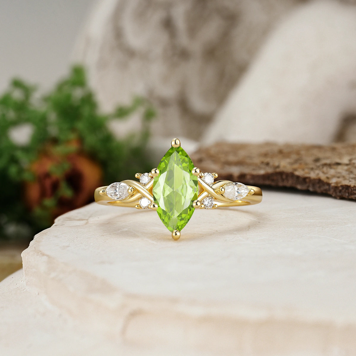 Marquise Cut Peridot Twisted Bypass Engagement Ring with Pear Side Stones