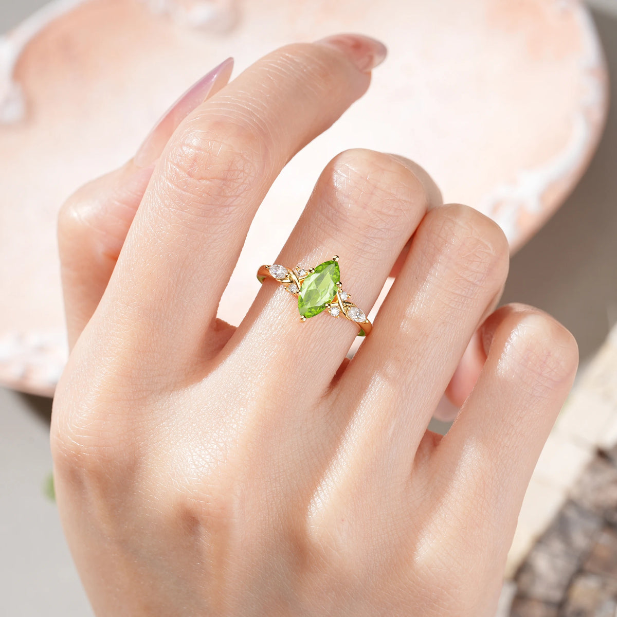 Marquise Cut Peridot Twisted Bypass Engagement Ring with Pear Side Stones