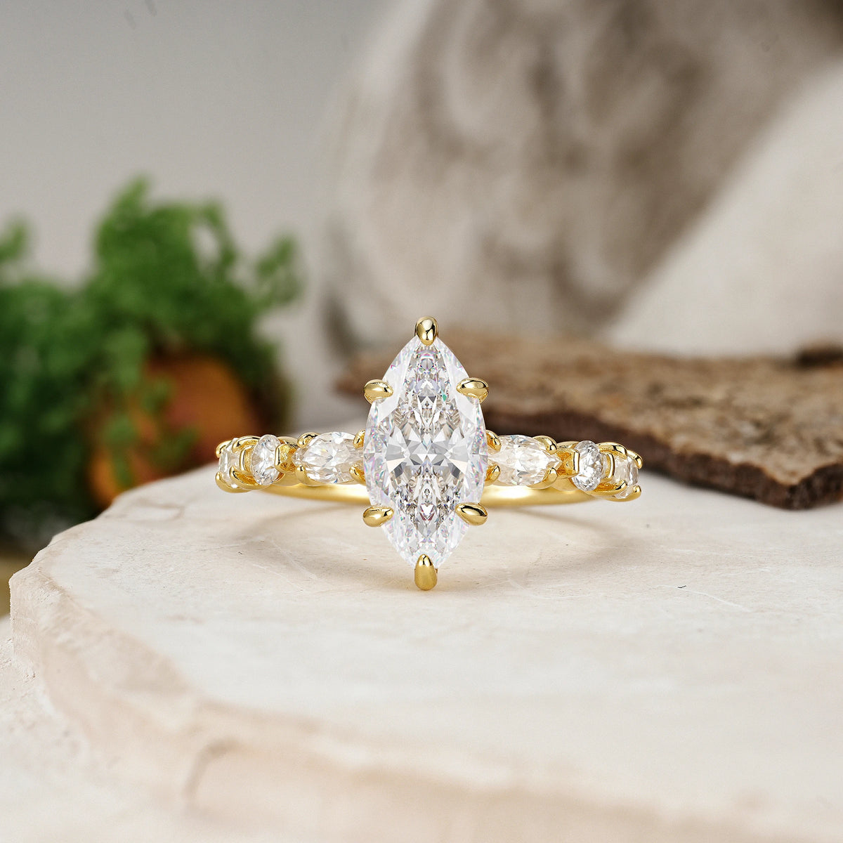 Marquise Cut Moissanite Three Stone Engagement Ring with Pear Side Stones