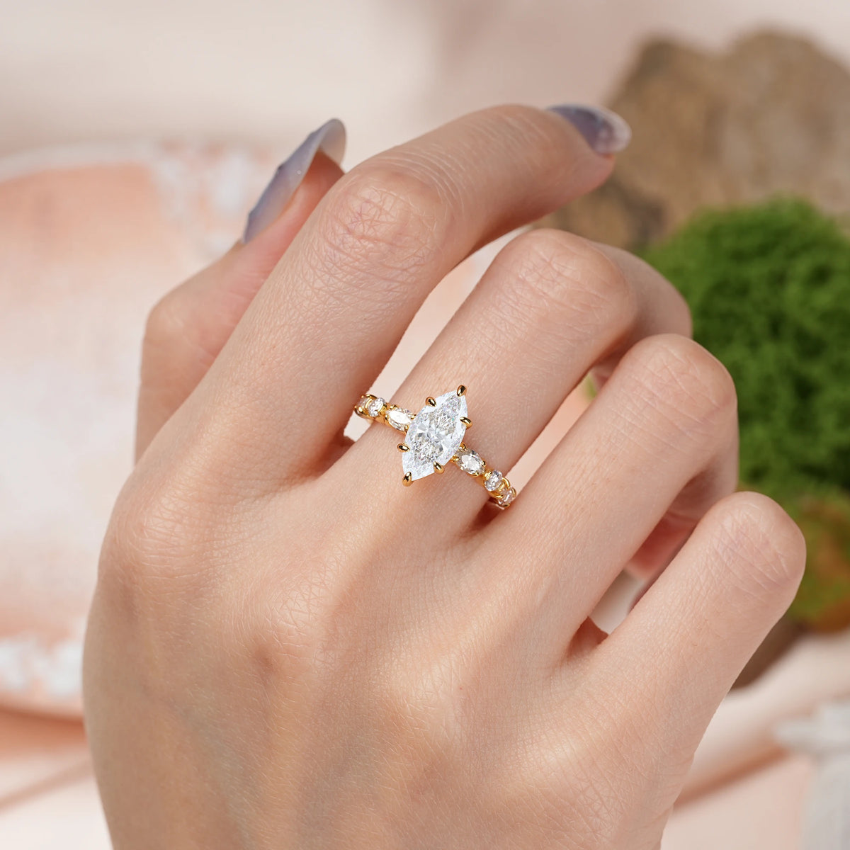 Marquise Cut Moissanite Three Stone Engagement Ring with Pear Side Stones