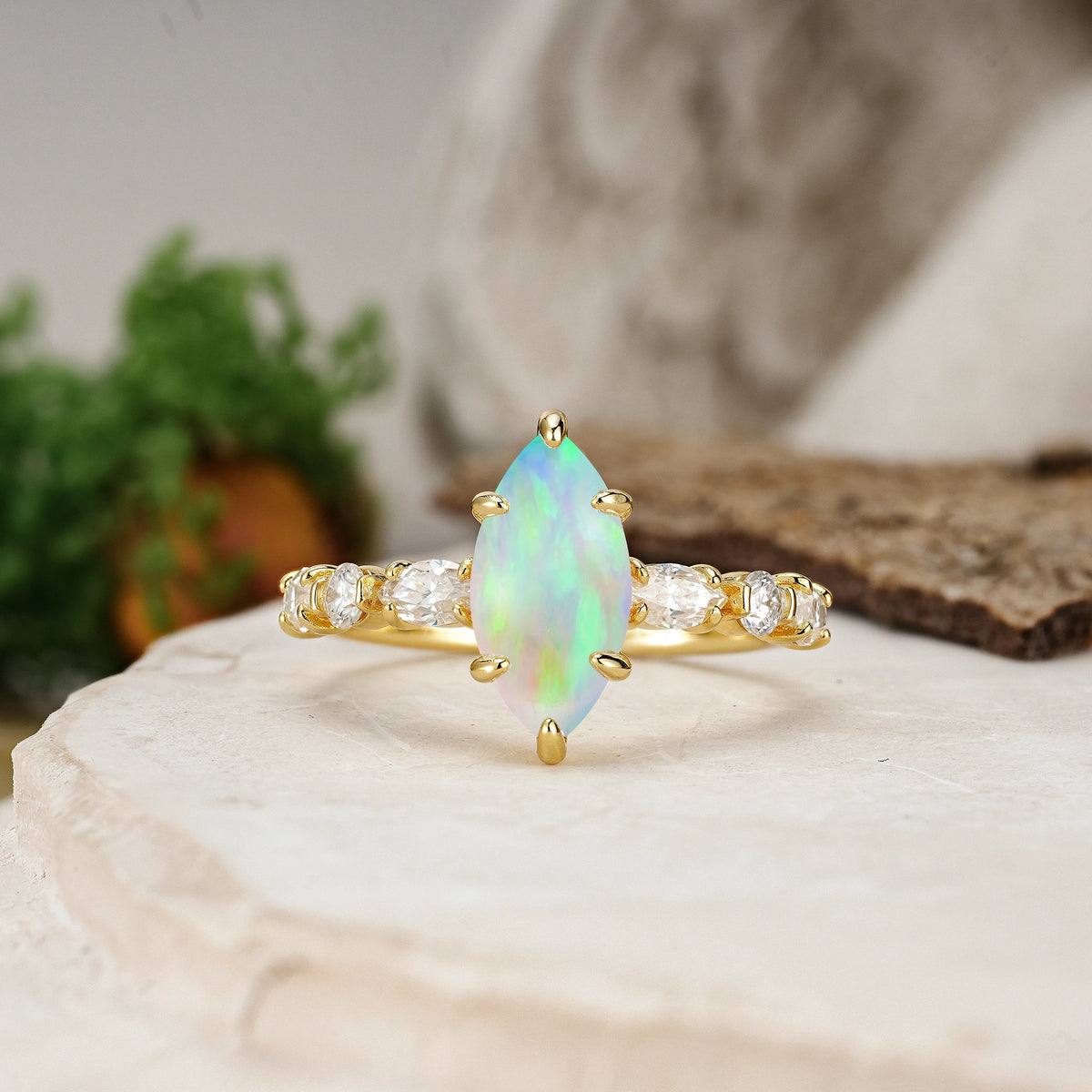Marquise Cut Fire Opal Three Stone Engagement Ring with Pear Side Stones