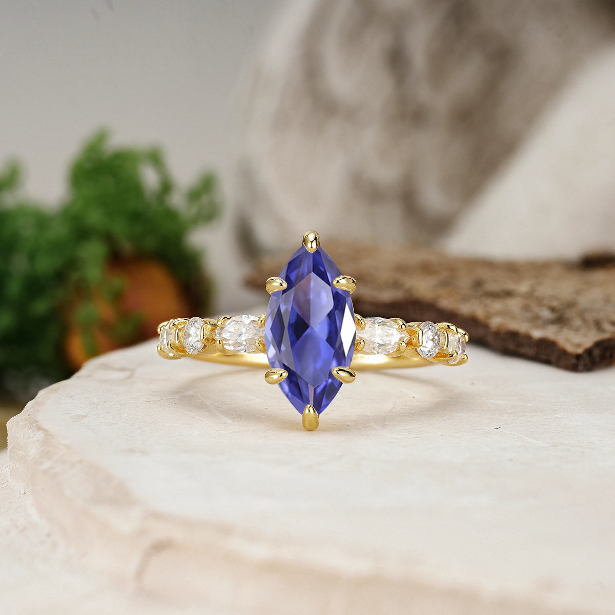 Marquise Cut Tanzanite Three Stone Engagement Ring with Pear Side Stones
