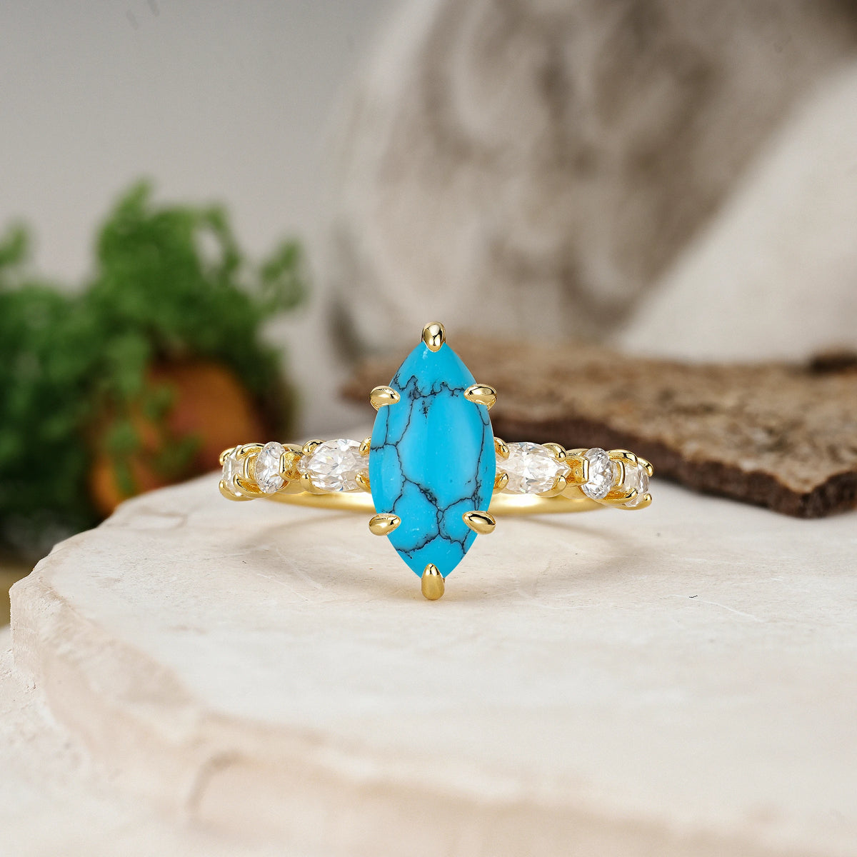Marquise Cut Turquoise Three Stone Engagement Ring with Pear Side Stones