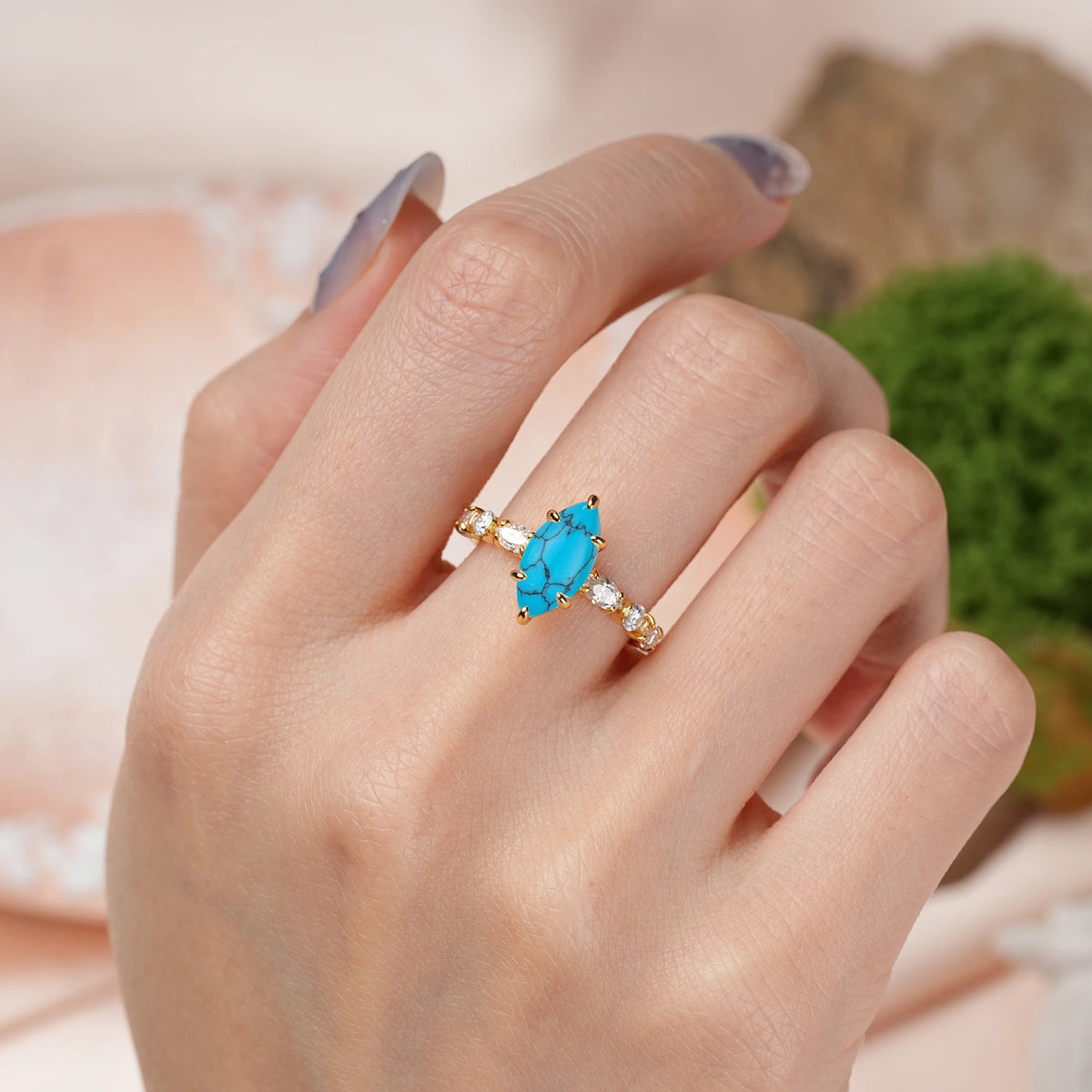 Marquise Cut Turquoise Three Stone Engagement Ring with Pear Side Stones