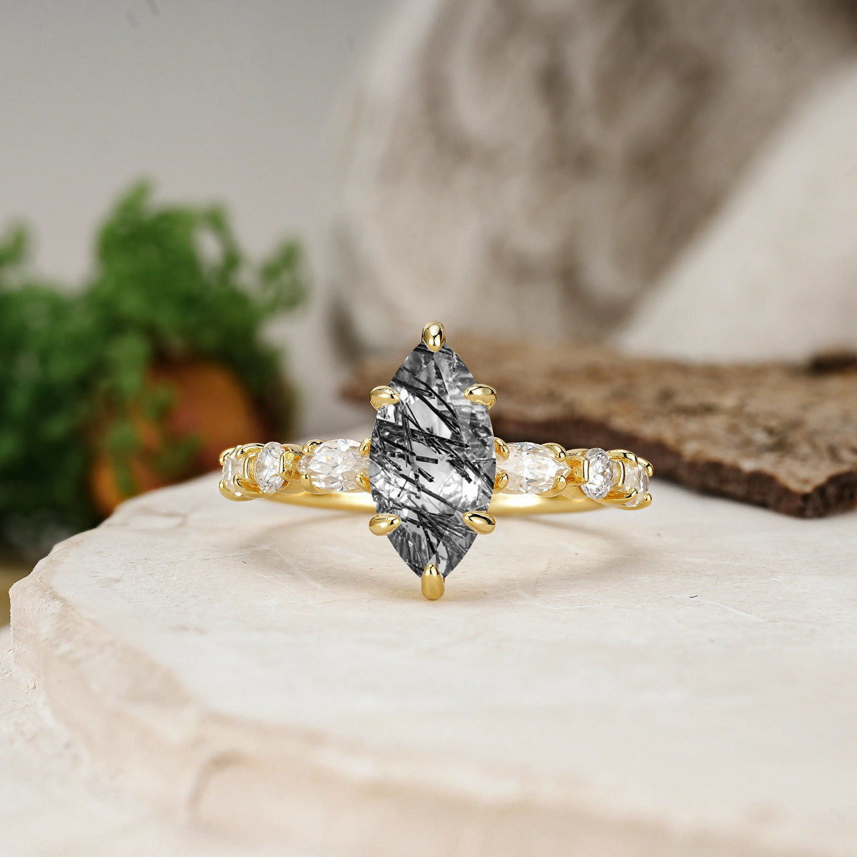 Marquise Cut Black Rutilated Quartz Three Stone Engagement Ring with Pear Side Stones