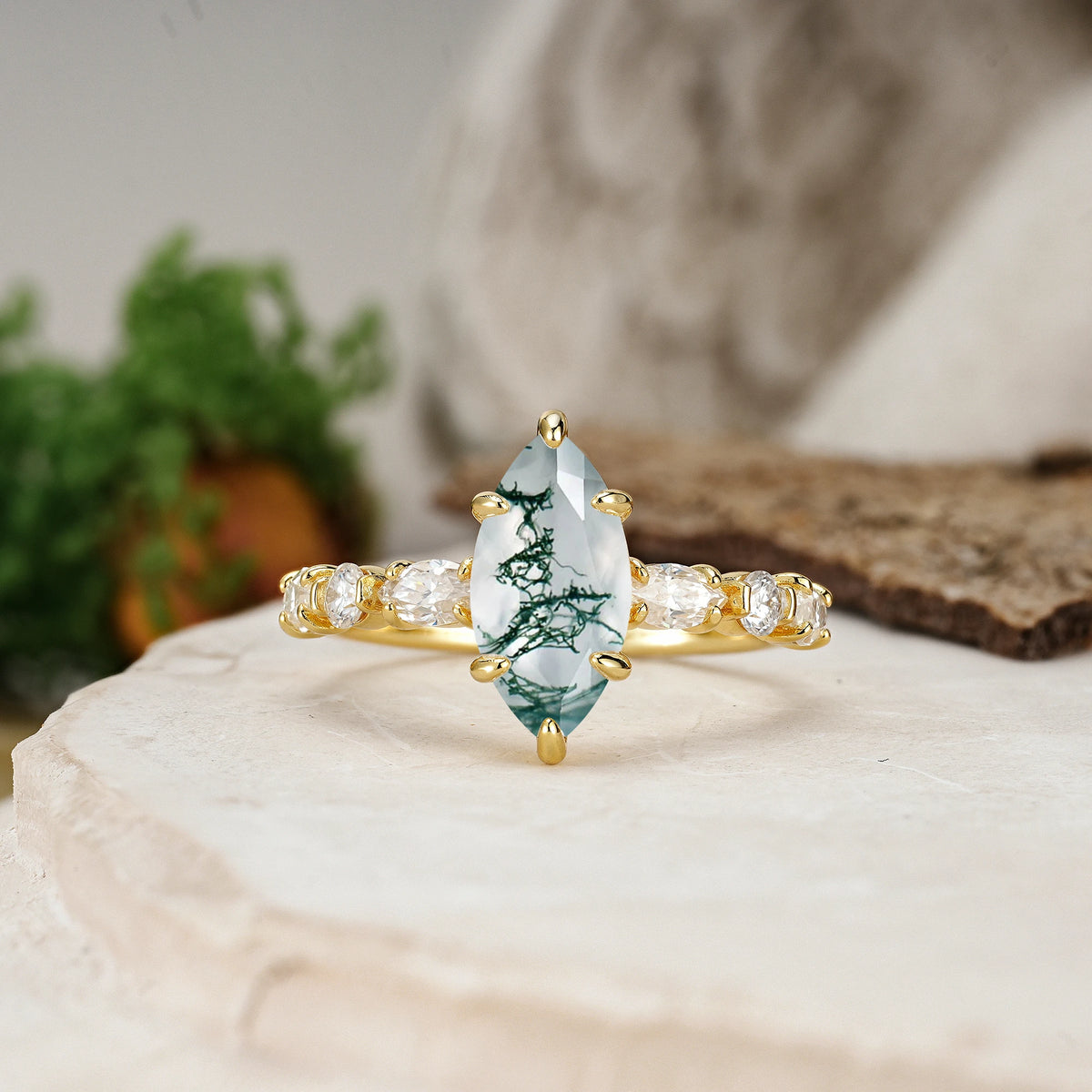 Marquise Cut Moss Agate Three Stone Engagement Ring with Pear Side Stones