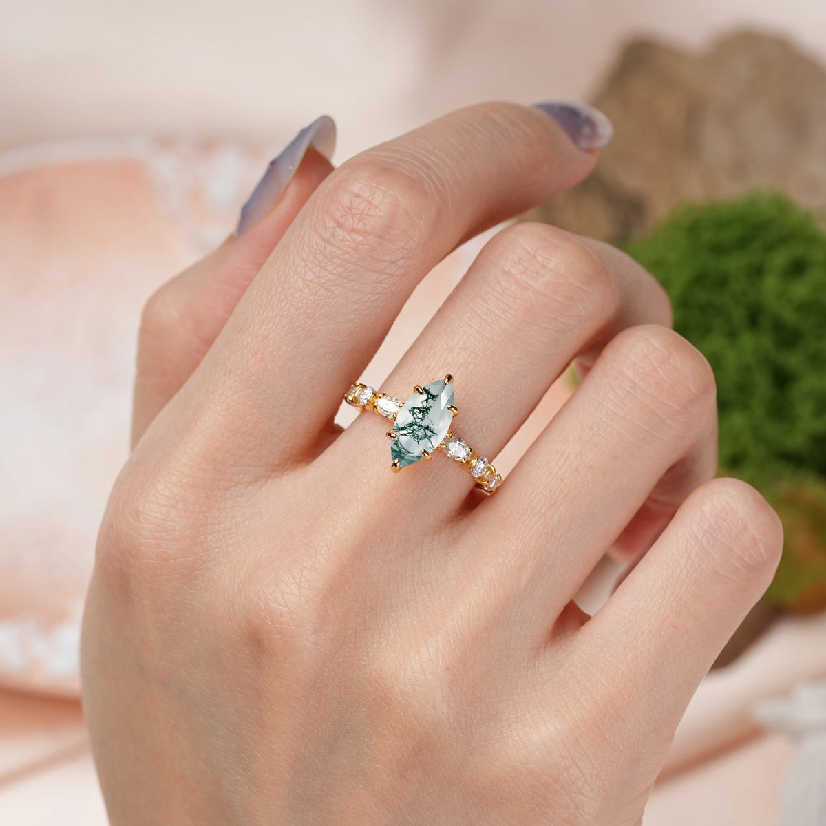 Marquise Cut Moss Agate Three Stone Engagement Ring with Pear Side Stones