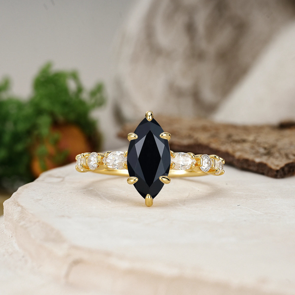 Marquise Cut Black Onyx Three Stone Engagement Ring with Pear Side Stones