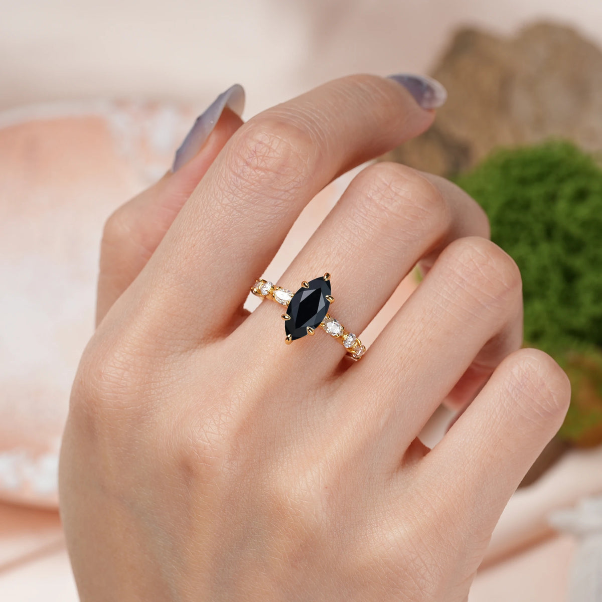 Marquise Cut Black Onyx Three Stone Engagement Ring with Pear Side Stones