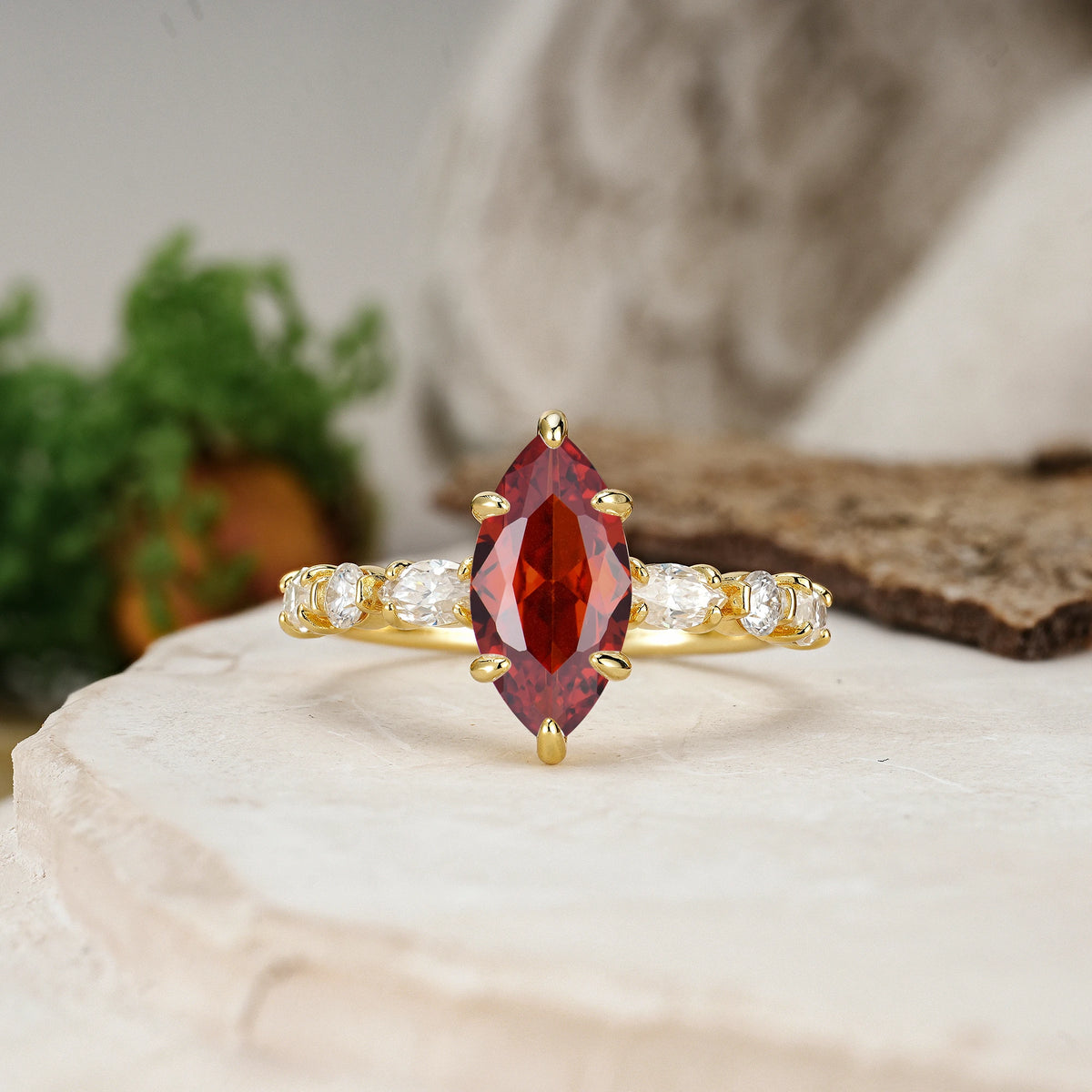 Marquise Cut Garnet Three Stone Engagement Ring with Pear Side Stones