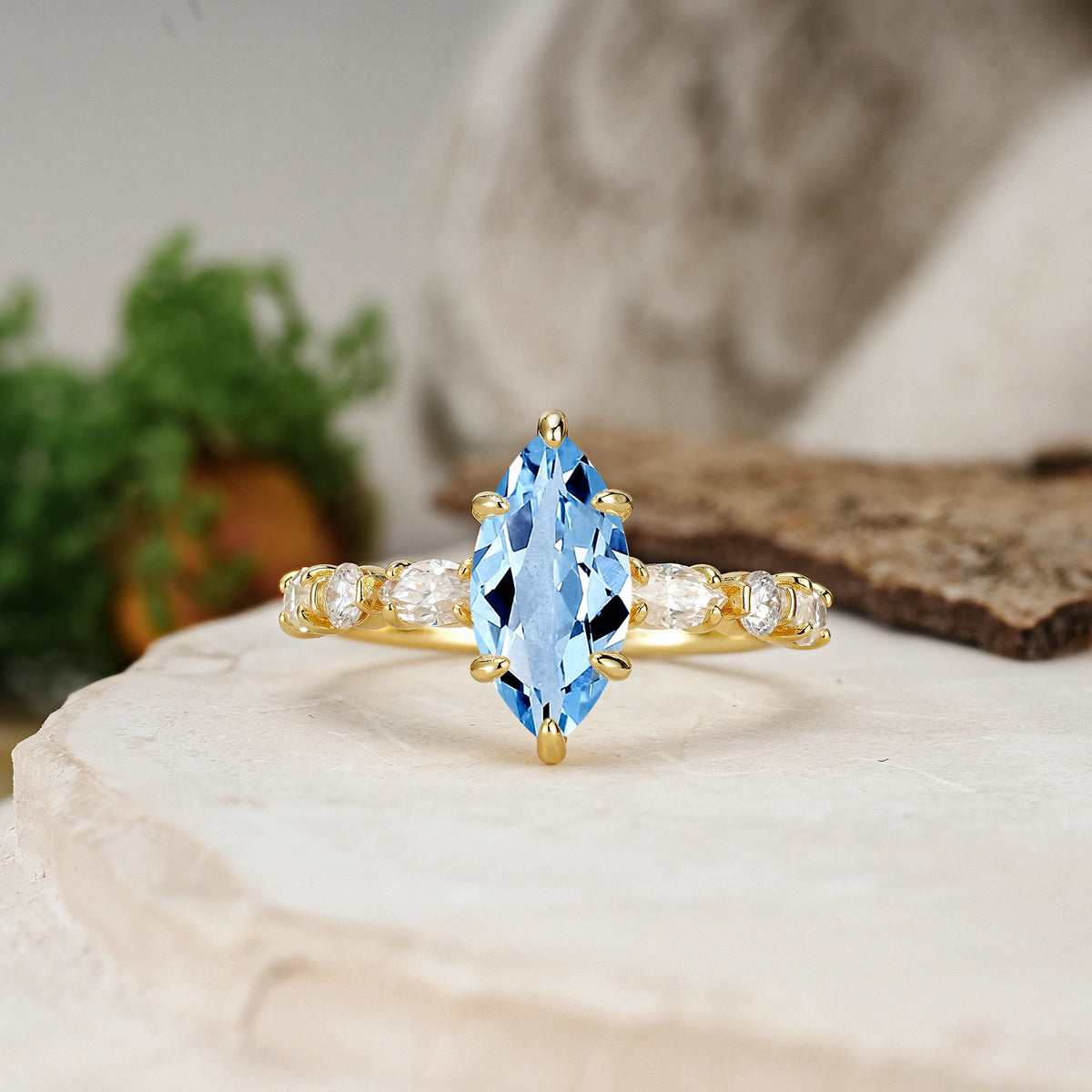 Marquise Cut Aquamarine Three Stone Engagement Ring with Pear Side Stones