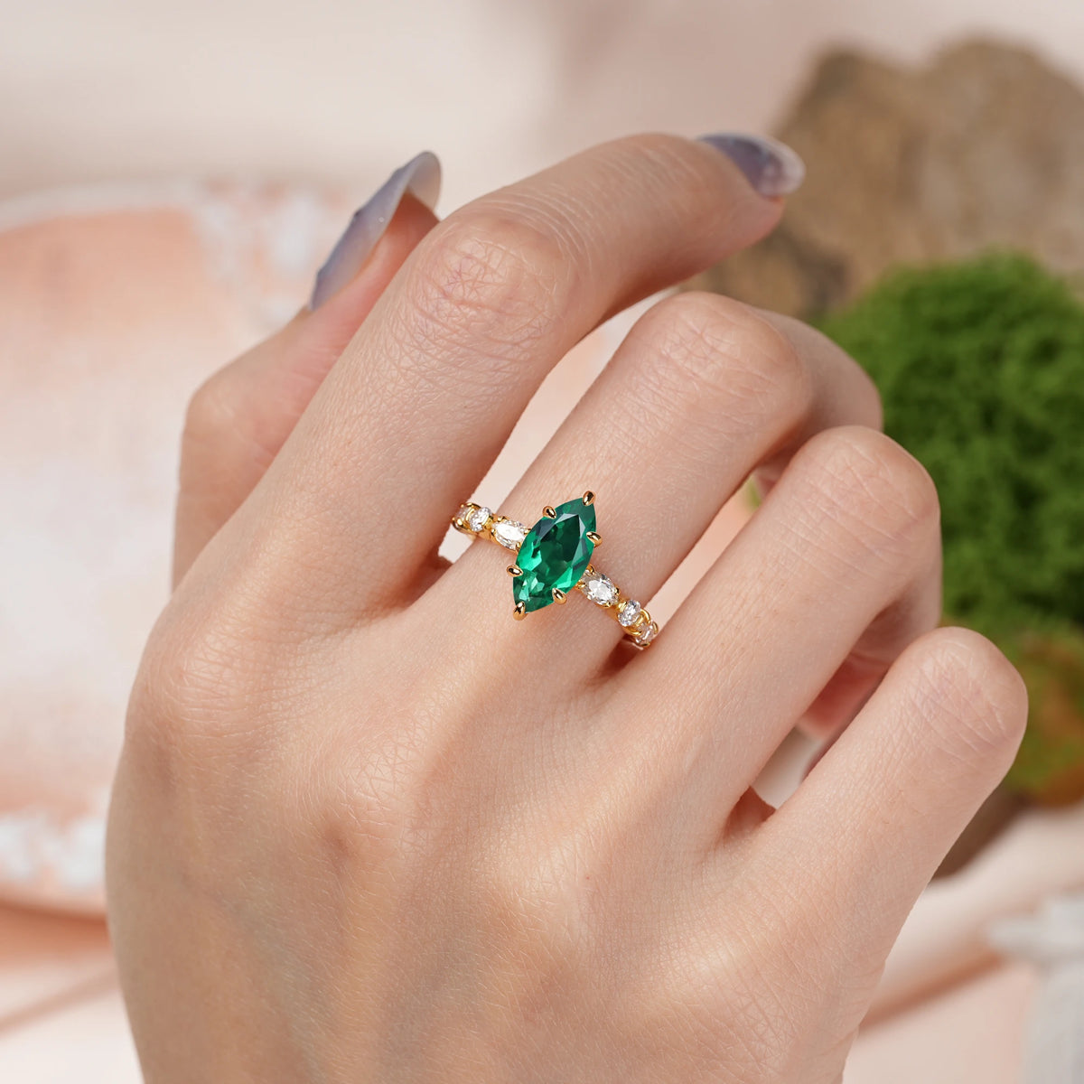 Marquise Cut Emerald Three Stone Engagement Ring with Pear Side Stones