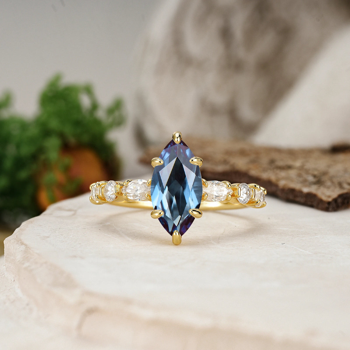 Marquise Cut Alexandrite Three Stone Engagement Ring with Pear Side Stones