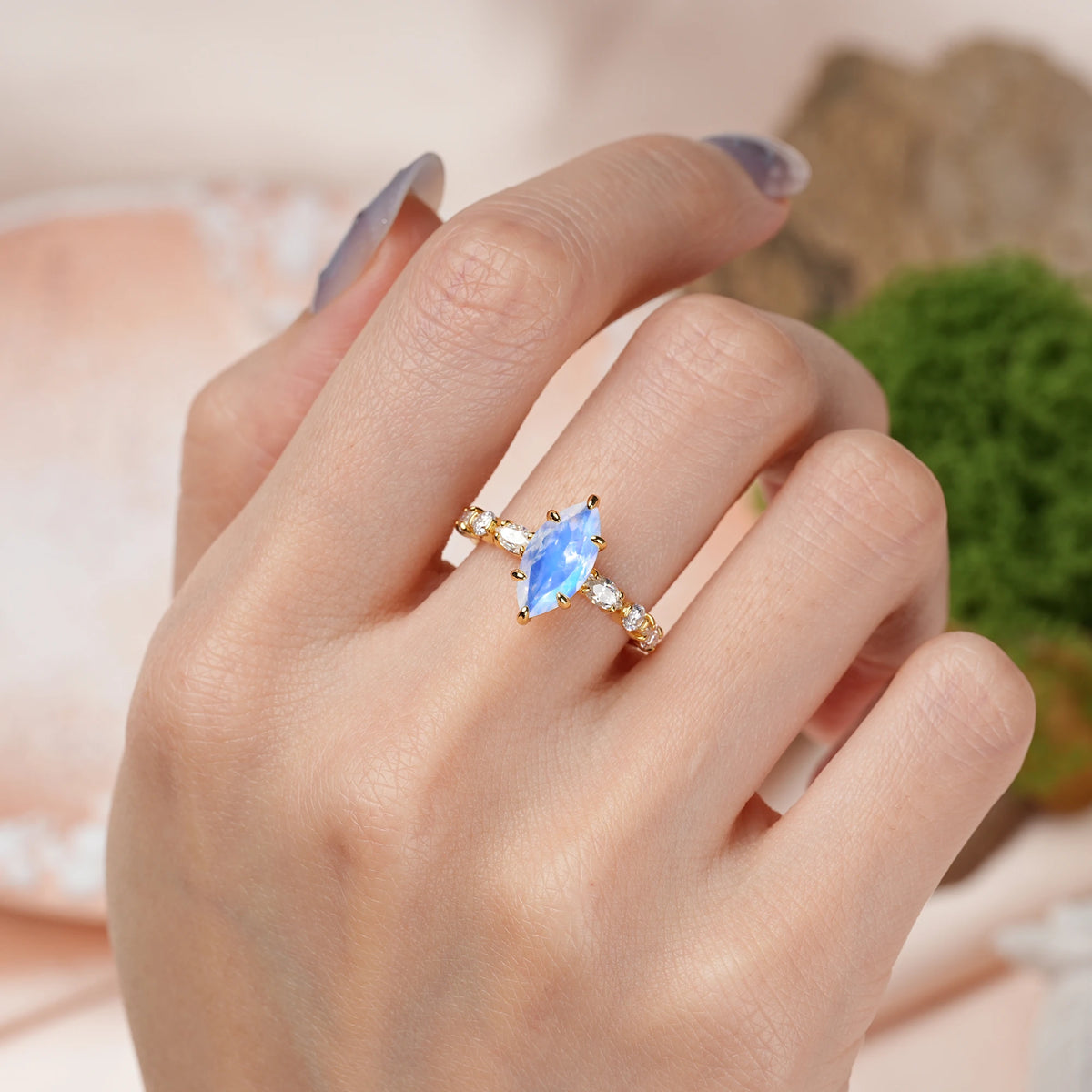 Marquise Cut Moonstone Three Stone Engagement Ring with Pear Side Stones