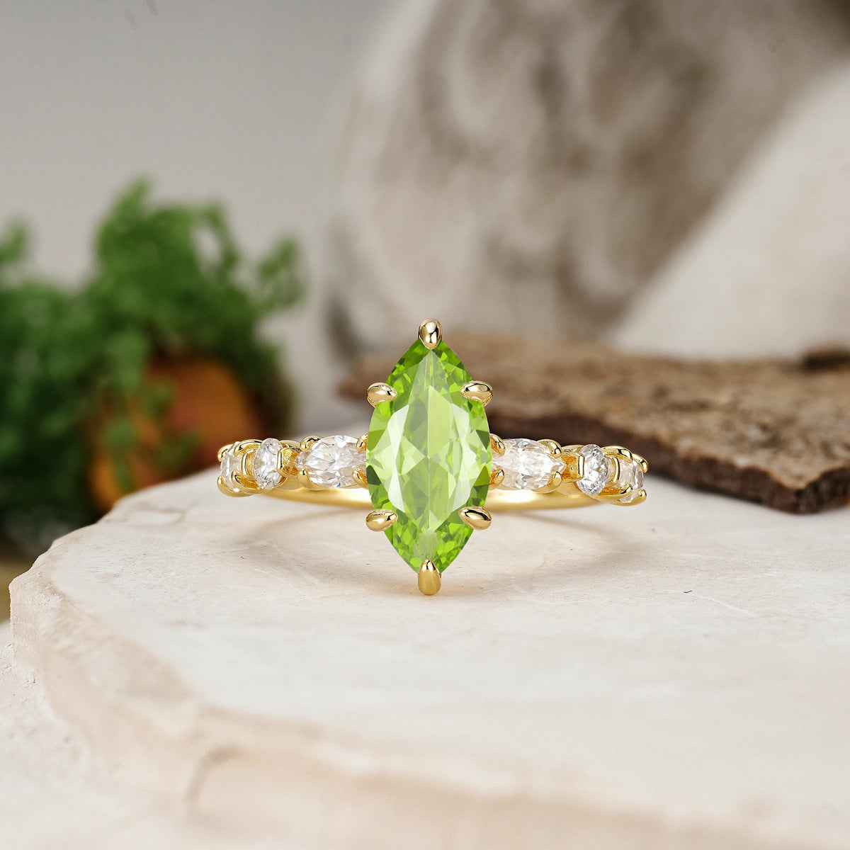 Marquise Cut Peridot Three Stone Engagement Ring with Pear Side Stones