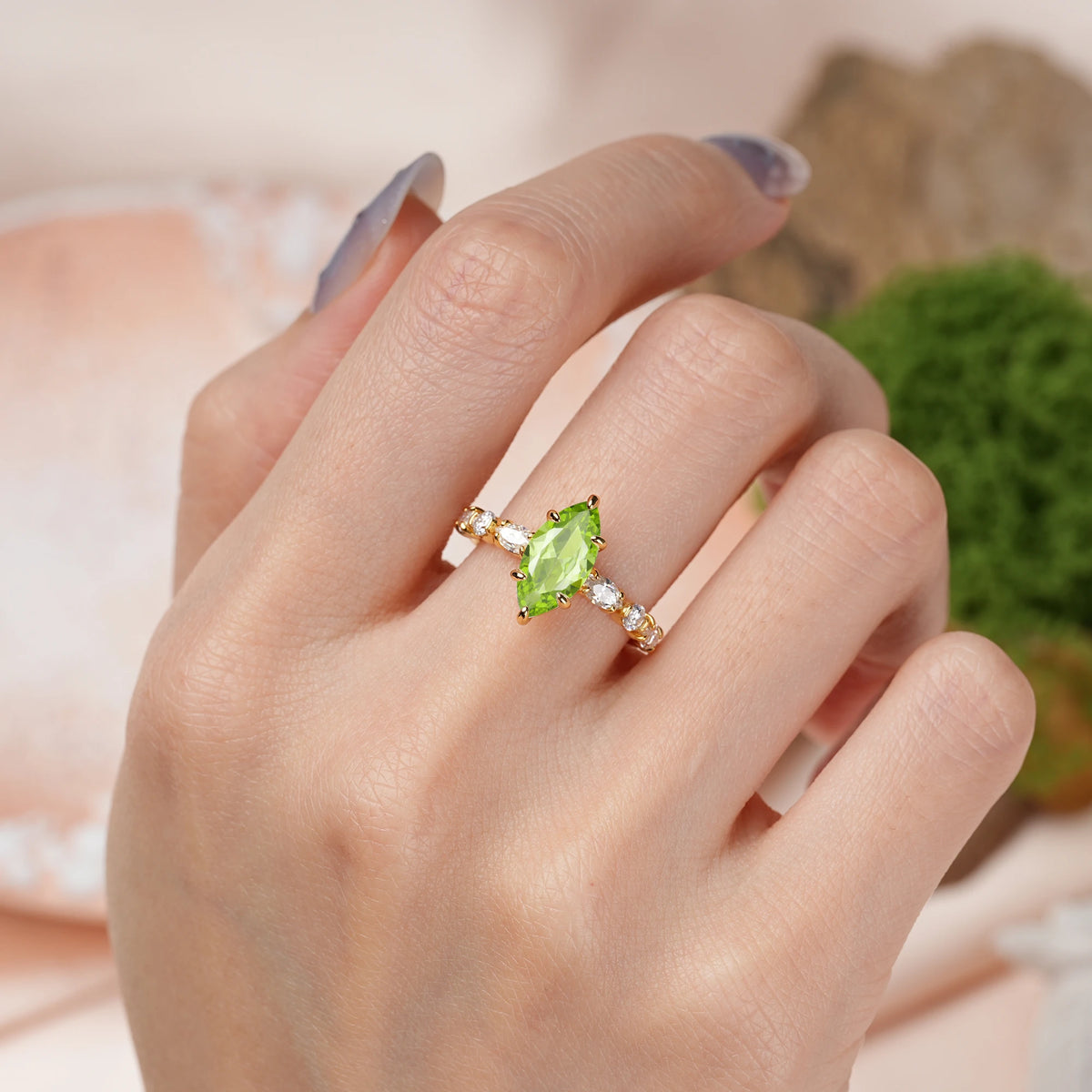 Marquise Cut Peridot Three Stone Engagement Ring with Pear Side Stones