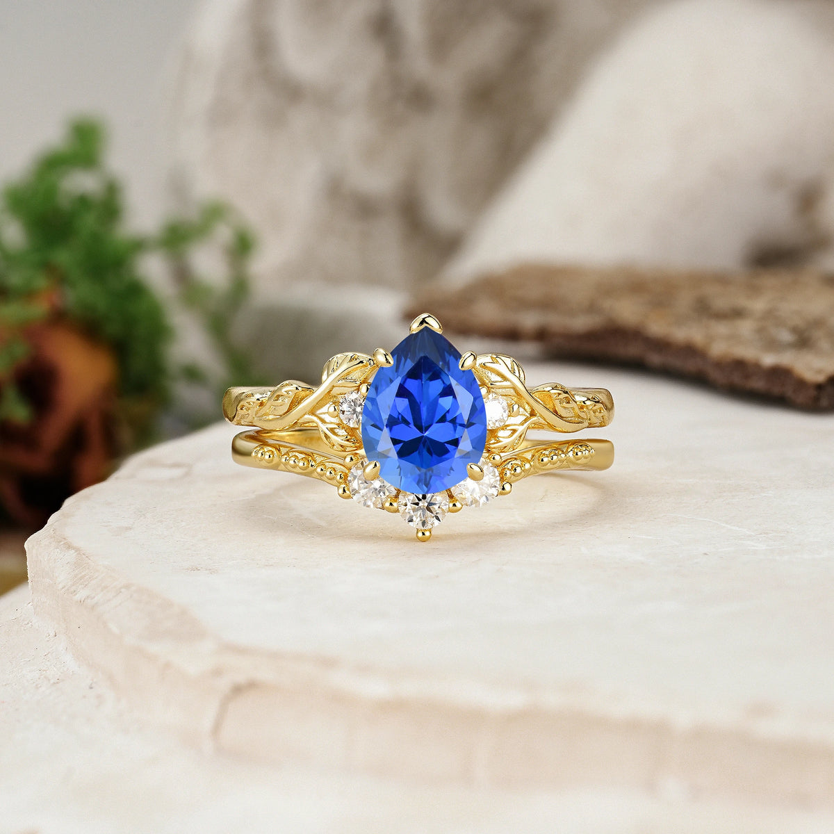 Pear Cut Sapphire Floral Leaf Bridal Ring Set