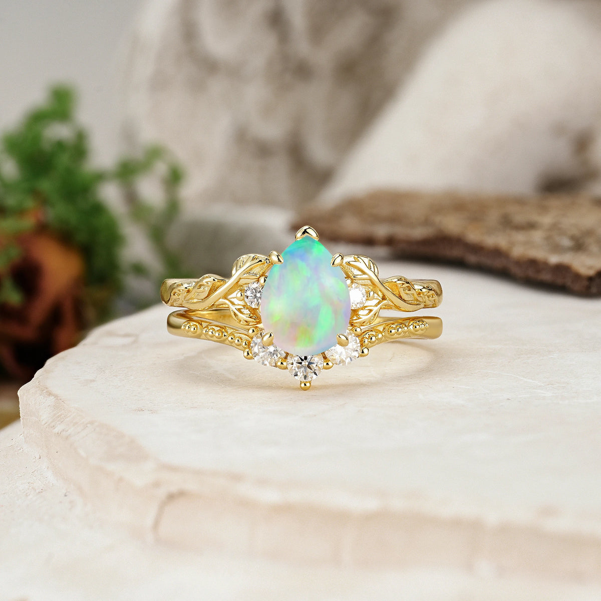 Pear Cut Fire Opal Floral Leaf Bridal Ring Set
