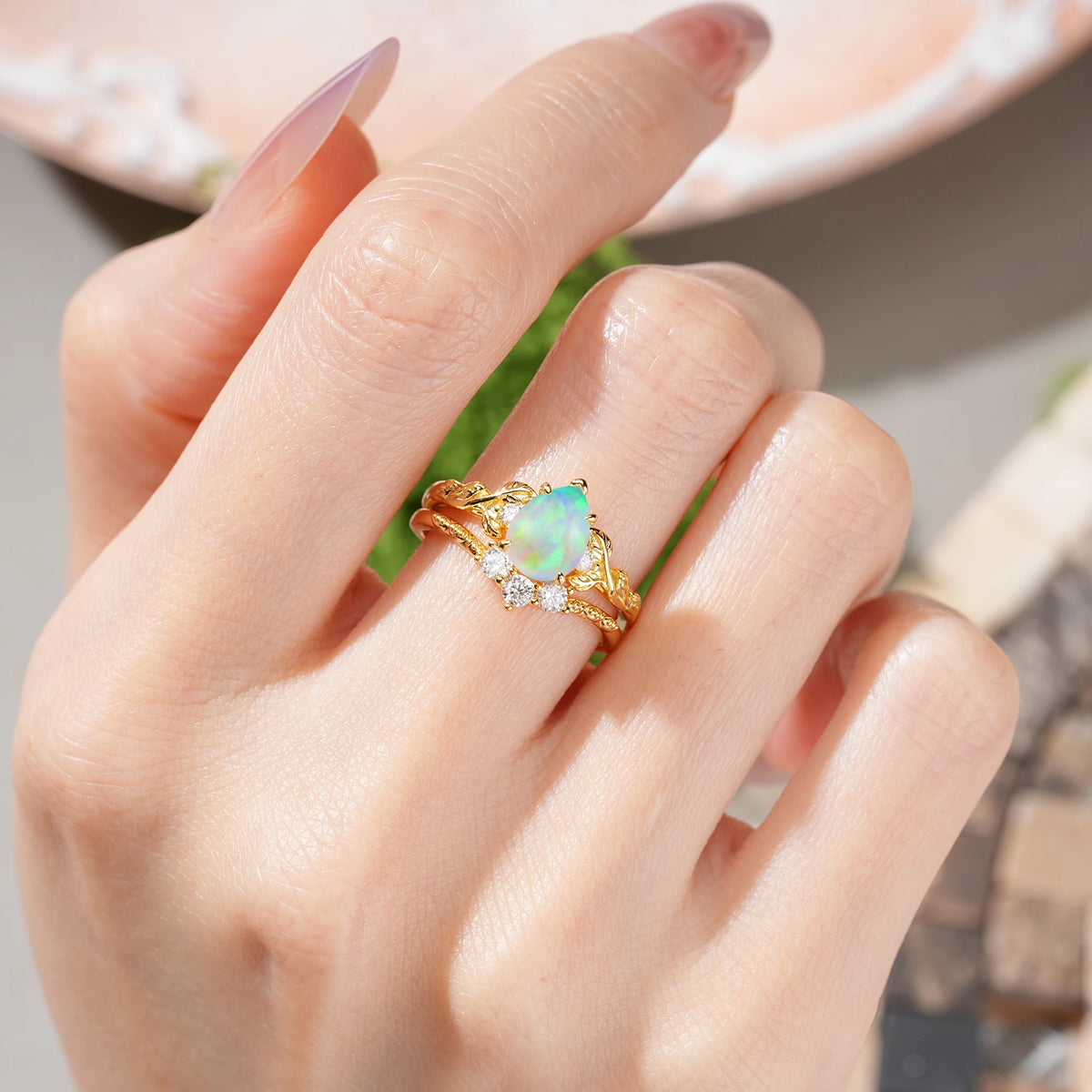 Pear Cut Fire Opal Floral Leaf Bridal Ring Set