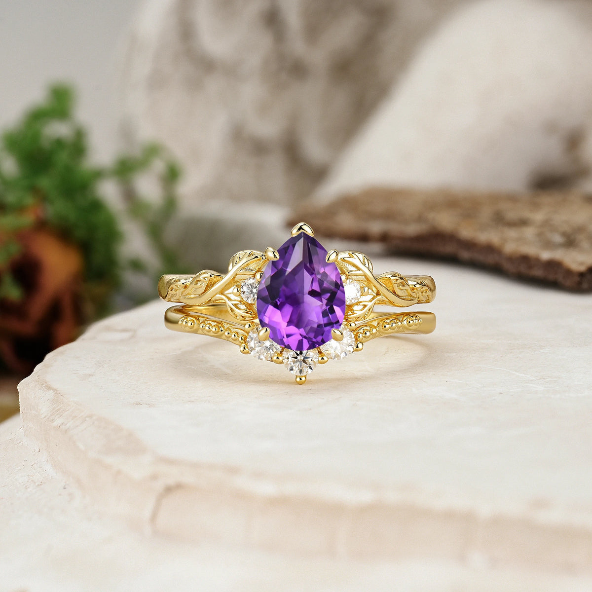 Pear Cut Amethyst Floral Leaf Bridal Ring Set