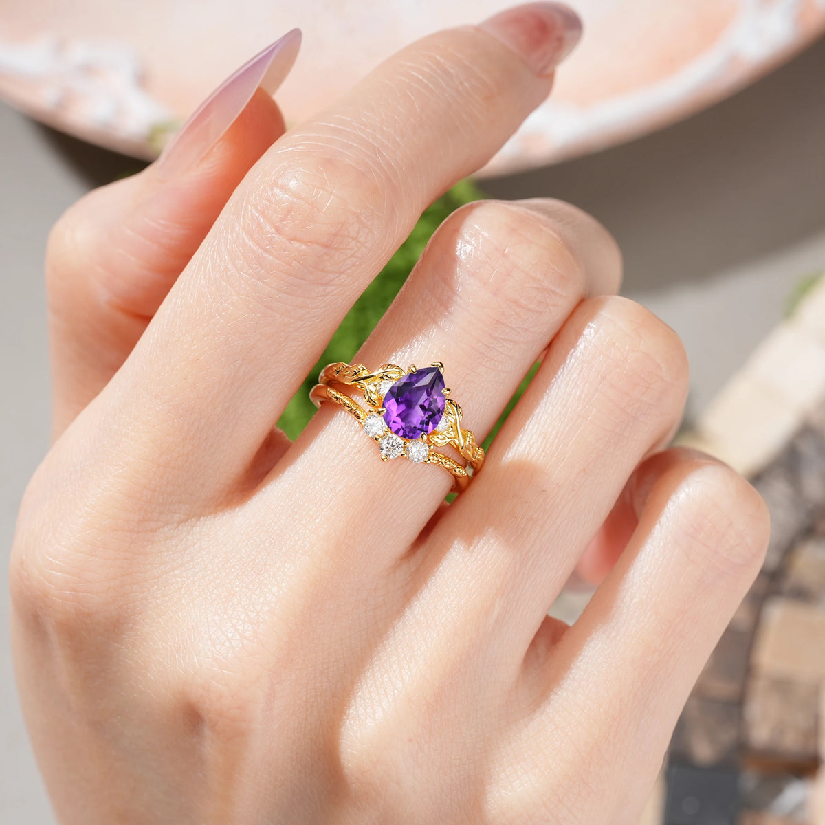 Pear Cut Amethyst Floral Leaf Bridal Ring Set