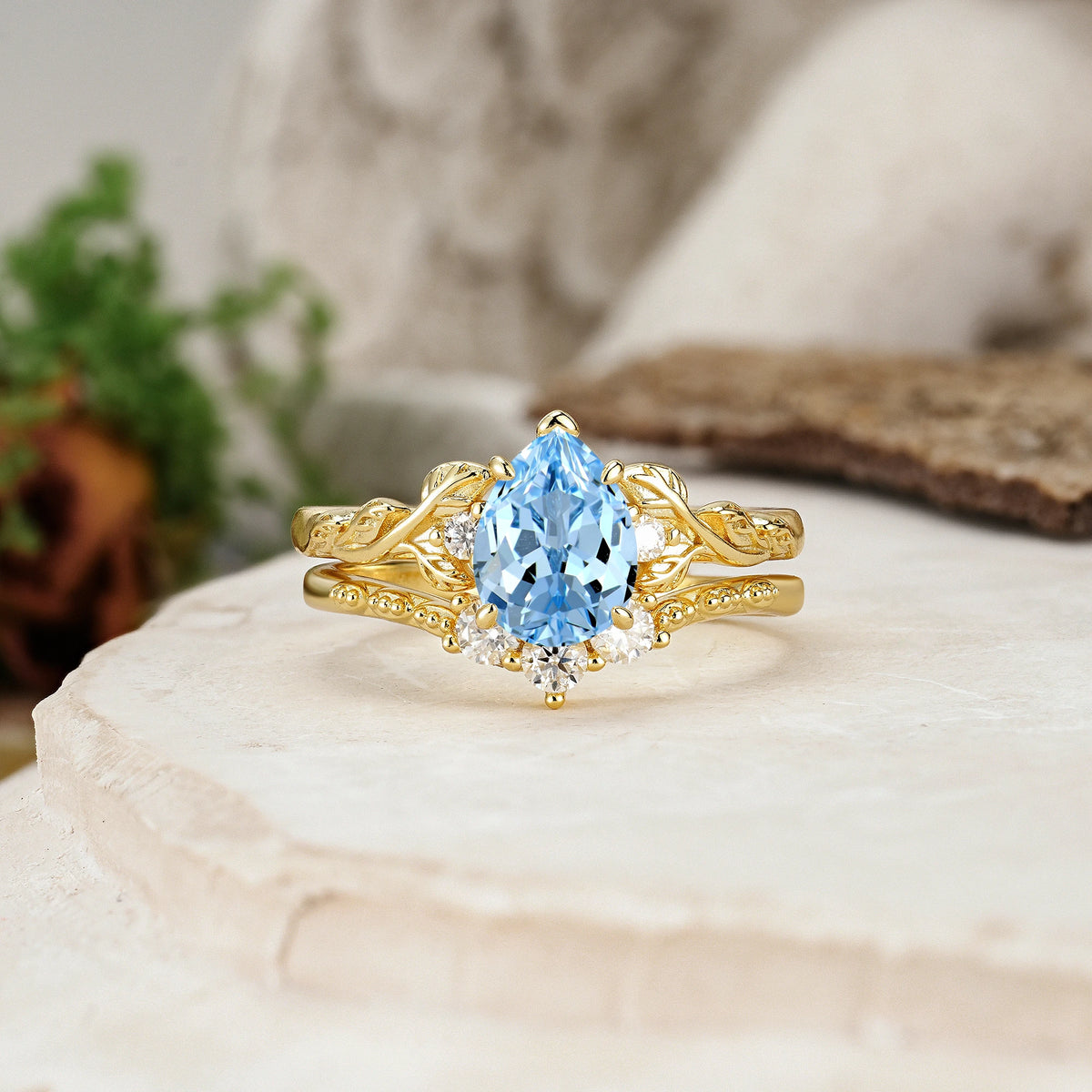 Pear Cut Aquamarine Floral Leaf Bridal Ring Set